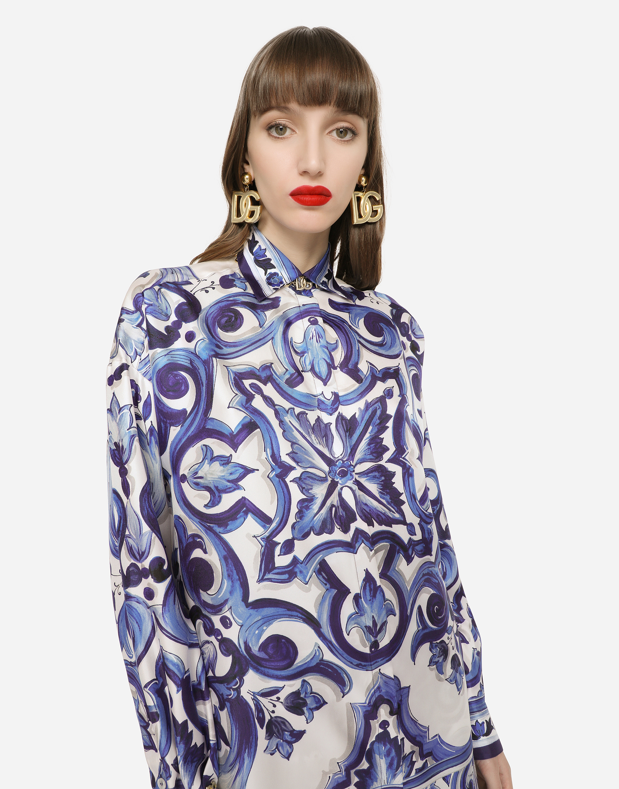 Shop Dolce & Gabbana Silk Twill Shirt With Majolica Print In Multicolor