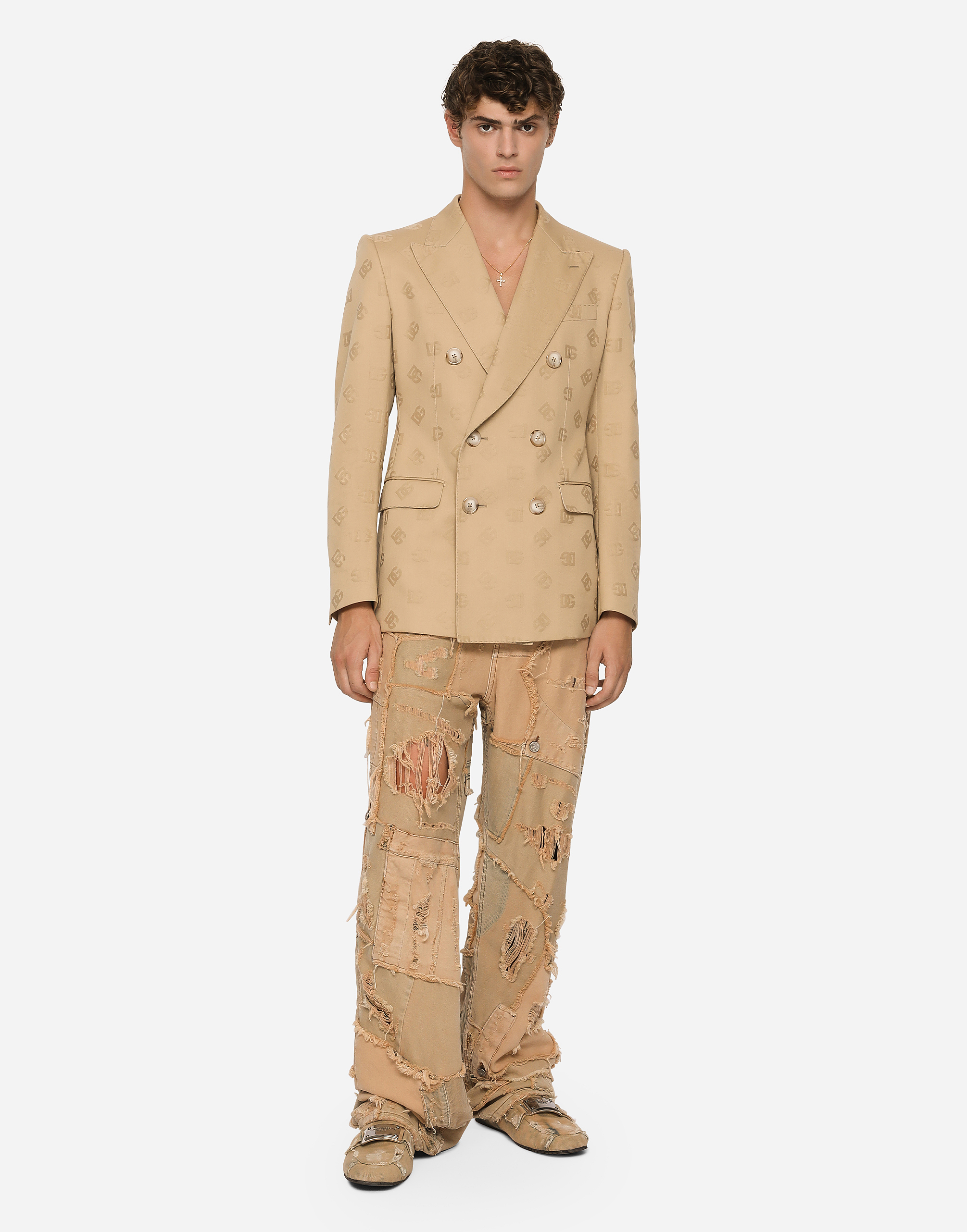 Shop Dolce & Gabbana Tailored Double-breasted Cotton Jacket With Jacquard Dg Details In Beige