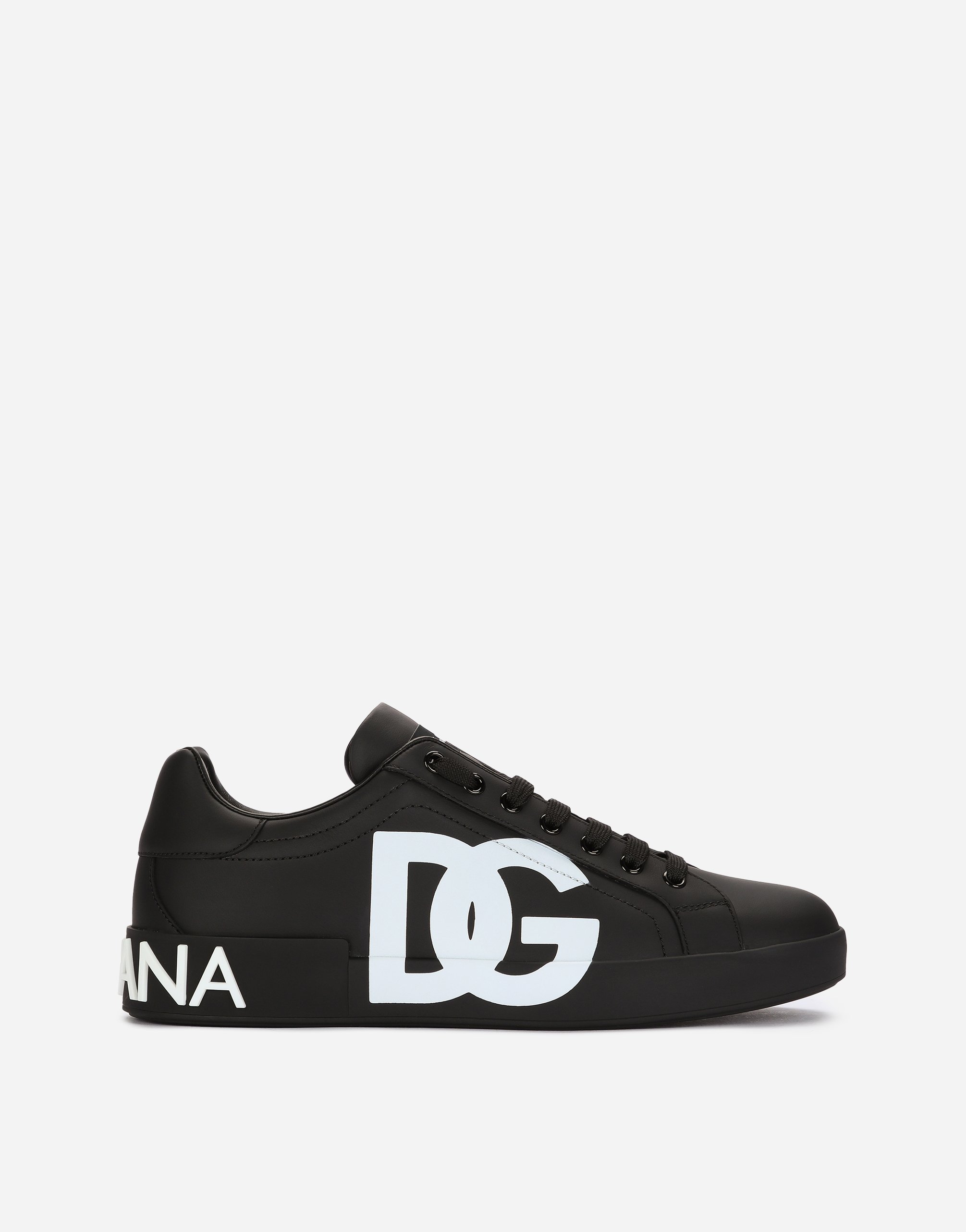 Shop Dolce & Gabbana Calfskin Nappa Portofino Sneakers With Dg Logo Print In Black