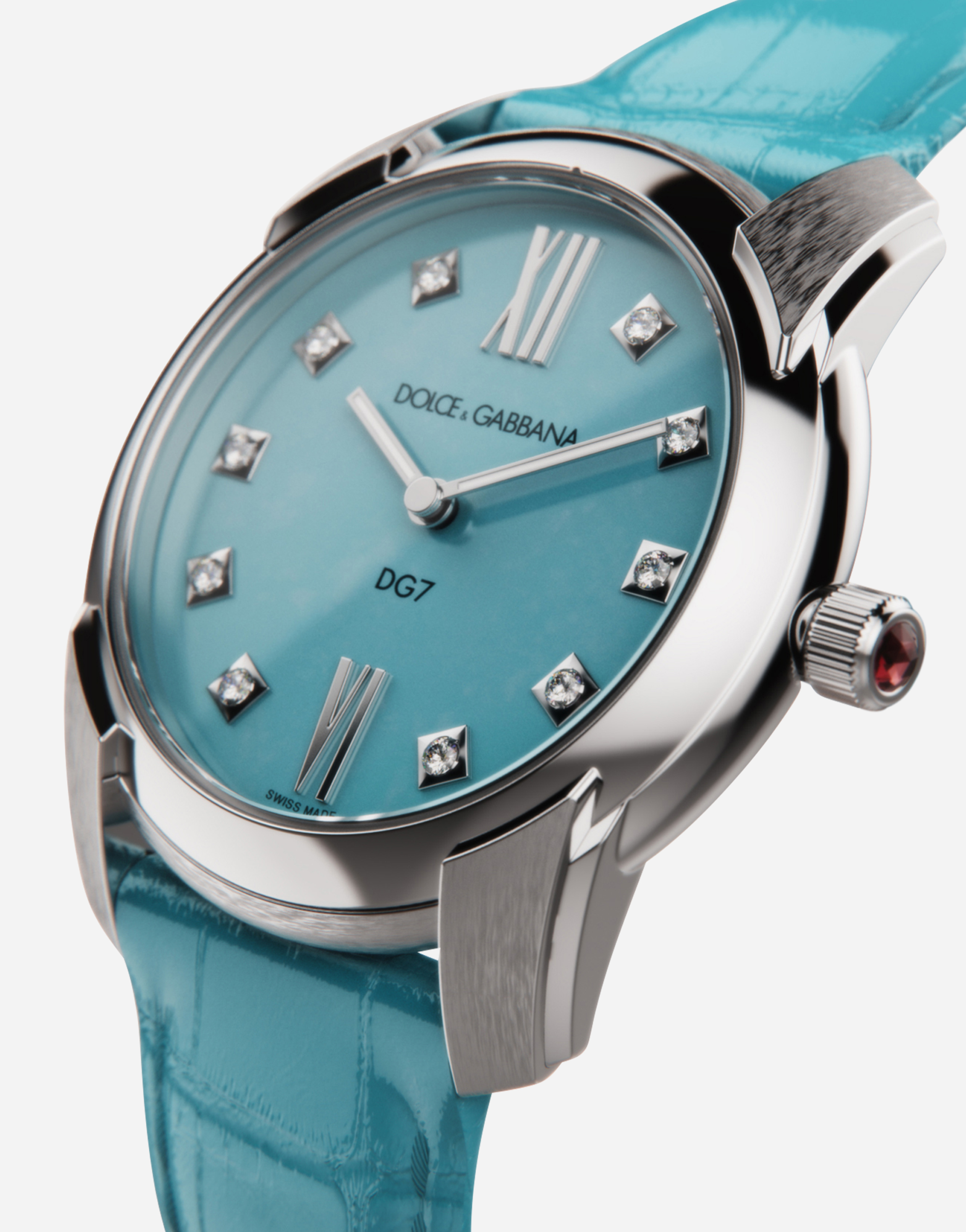 Shop Dolce & Gabbana Dg7 Watch In Steel With Turquoise And Diamonds In Light Blue