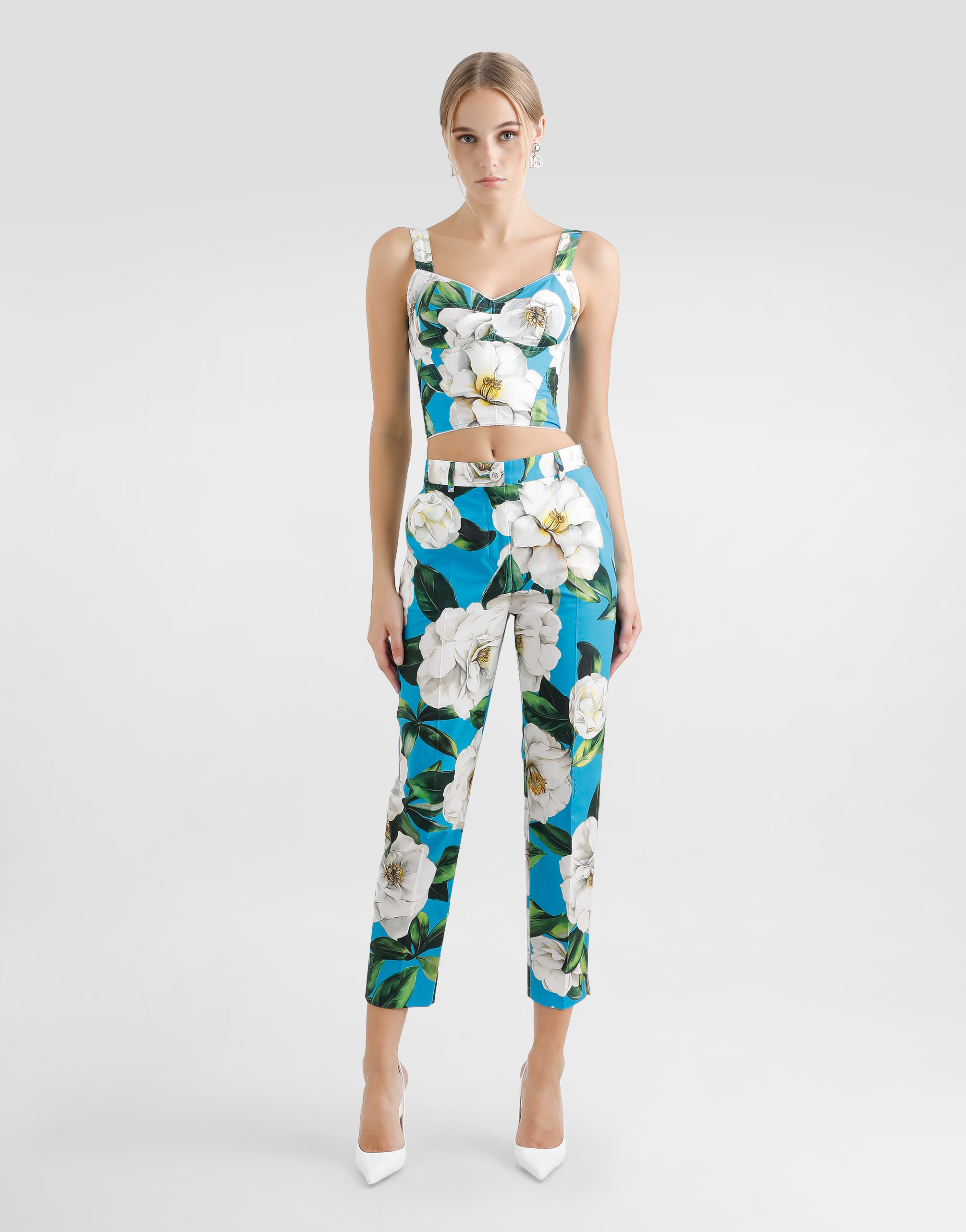 Dolce & Gabbana Tailored Cotton Pants With Gardenia Print In Print