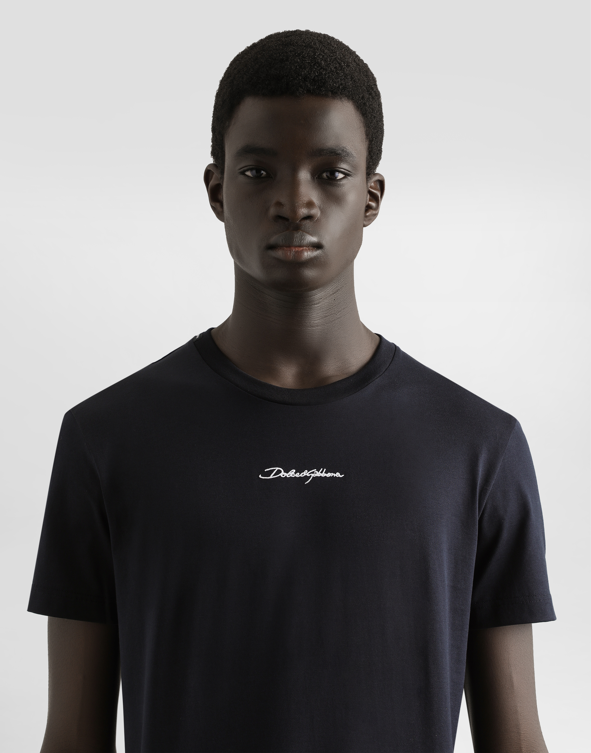 Dolce & Gabbana Black Crewneck T-shirt With Signature Logo In Cotton Man In Blue