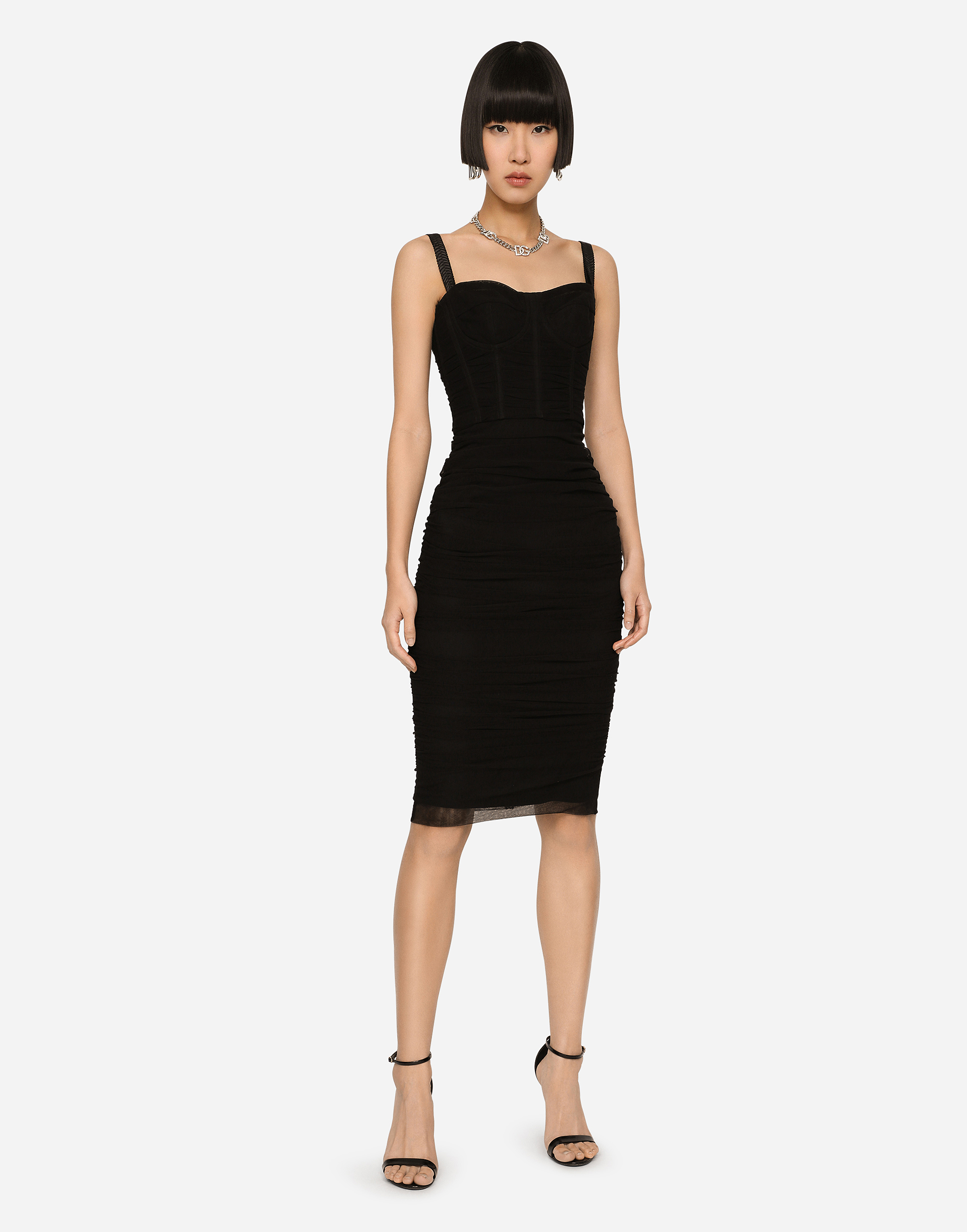 Shop Dolce & Gabbana Tulle Midi Dress With Draping And Corset In Black