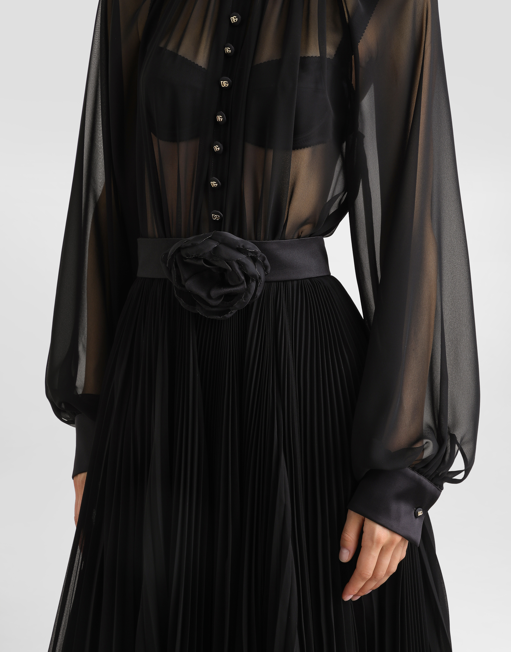 Dolce & Gabbana Calf-length Babydoll Dress With Pleated Skirt In Black
