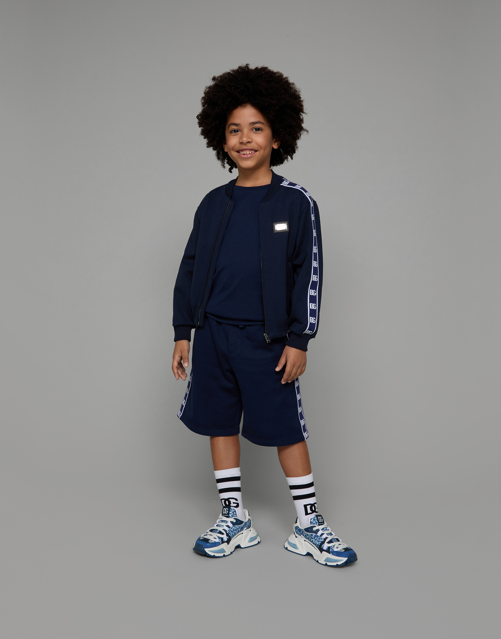 Dolce & Gabbana Zip-up Jersey Sweatshirt With Logo Side Bands In Blue