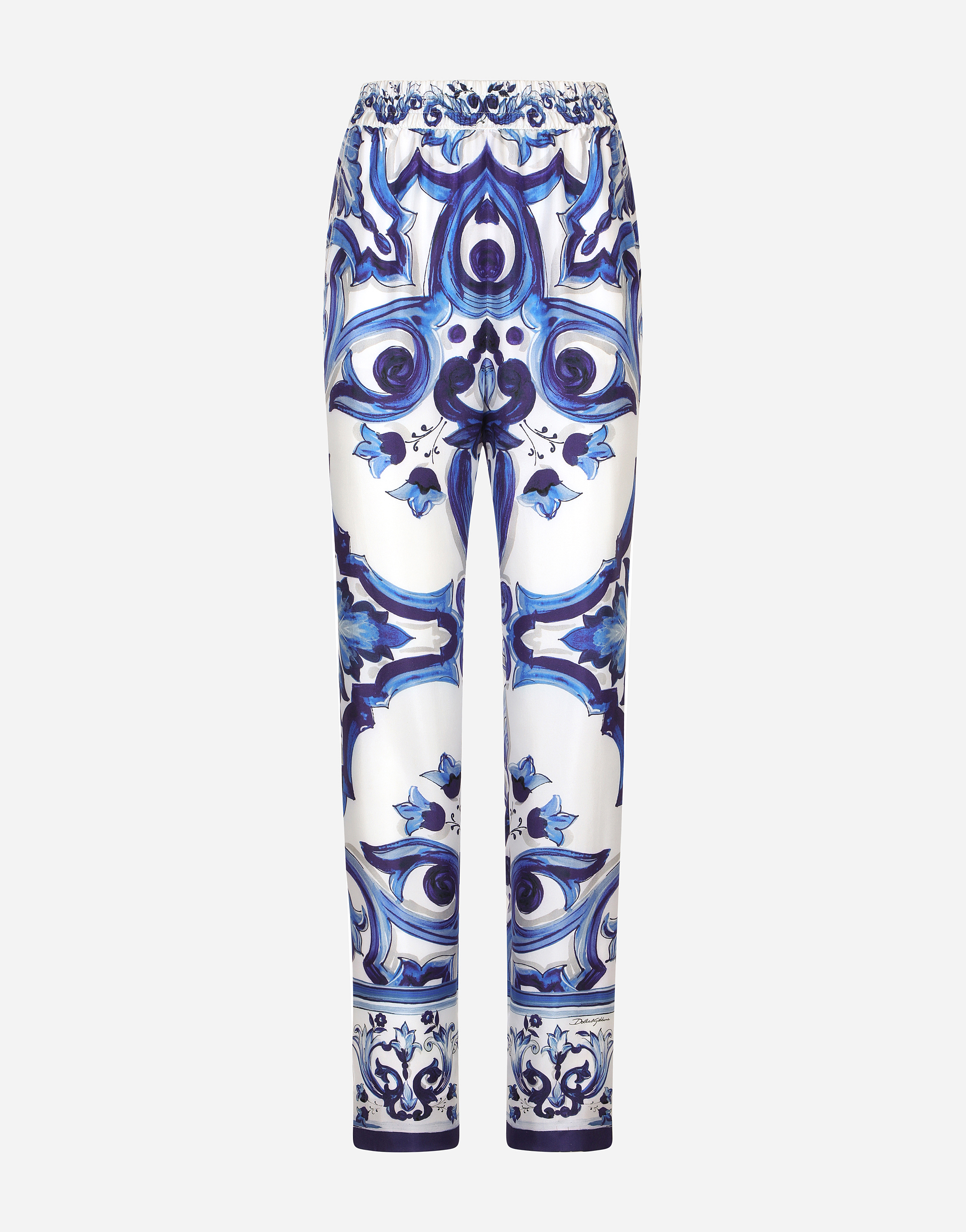 Dolce & Gabbana Silk Twill Pants With Majolica Print In Multicolor