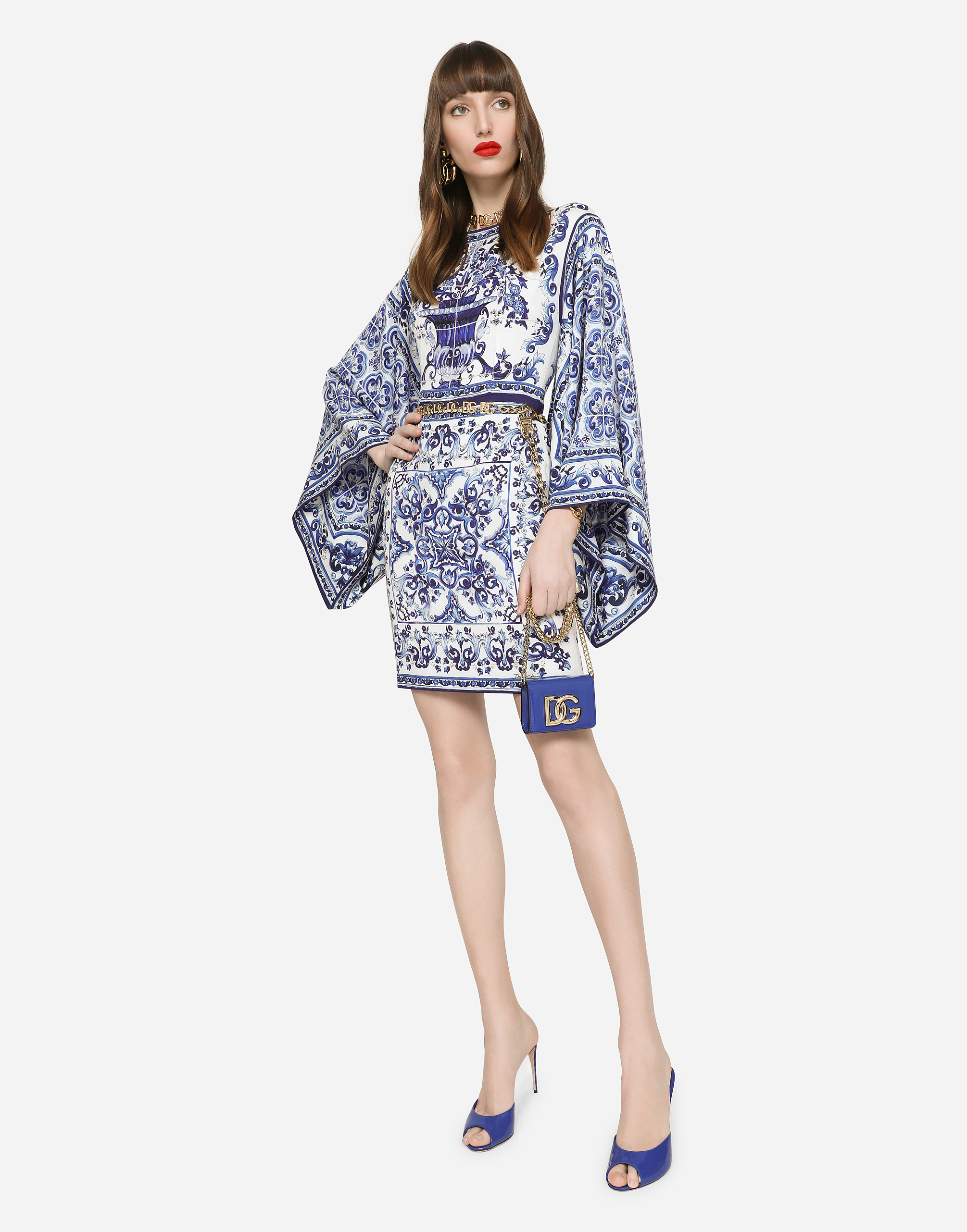 DOLCE & GABBANA SHORT MAJOLICA-PRINT CHARMEUSE DRESS