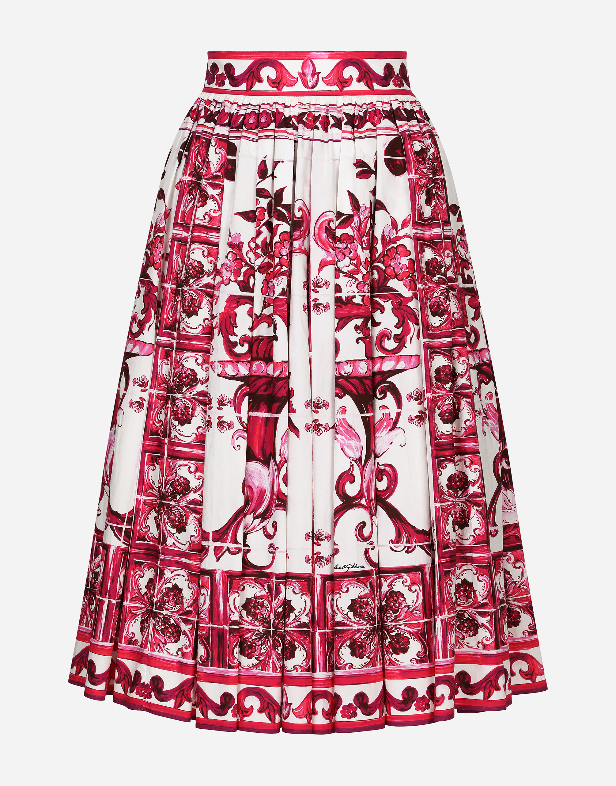 Shop Dolce & Gabbana Poplin Midi Skirt With Majolica Print In Multicolor