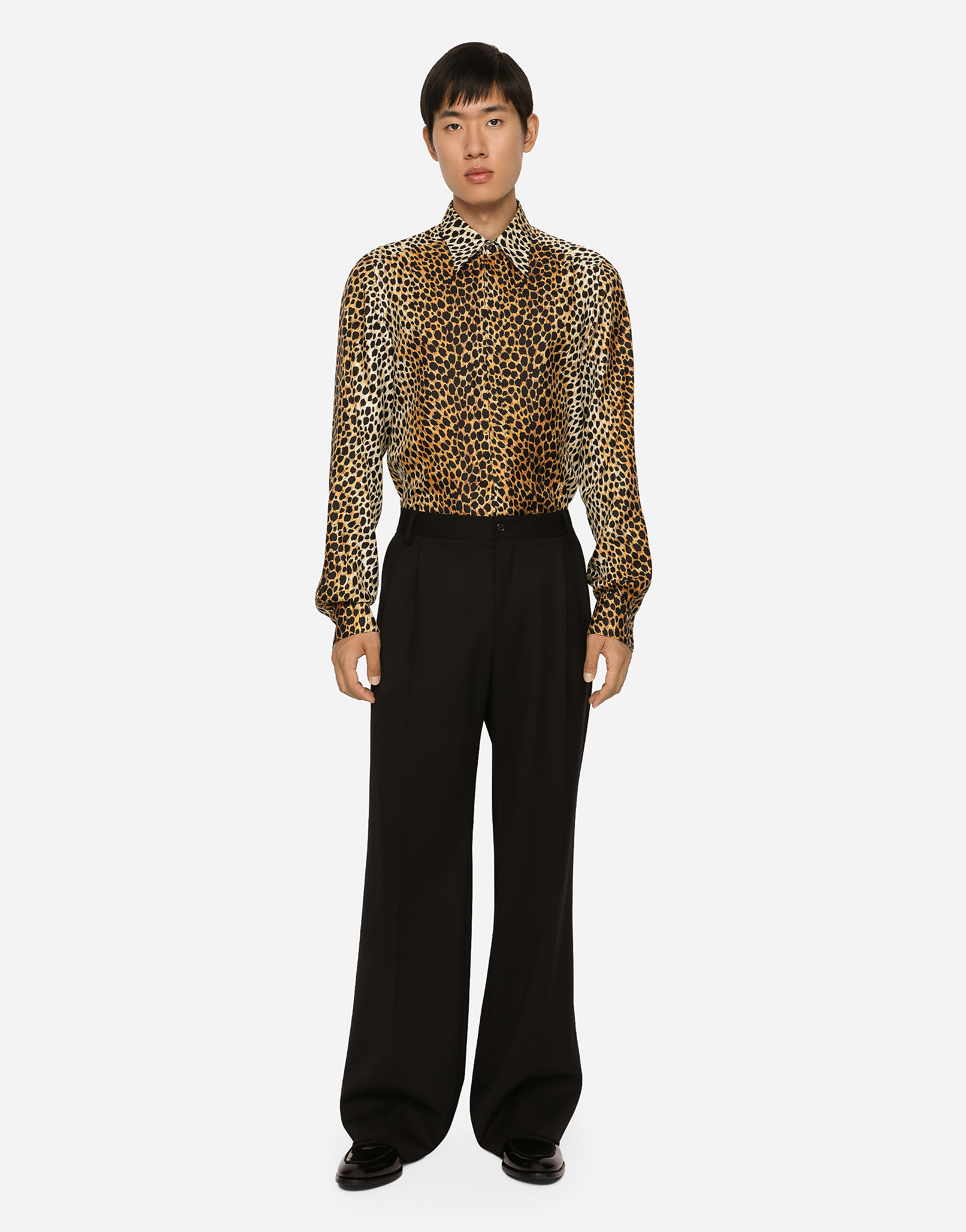 Dolce & Gabbana Silk Twill Martini-fit Shirt With Ocelot Print In Multicolor
