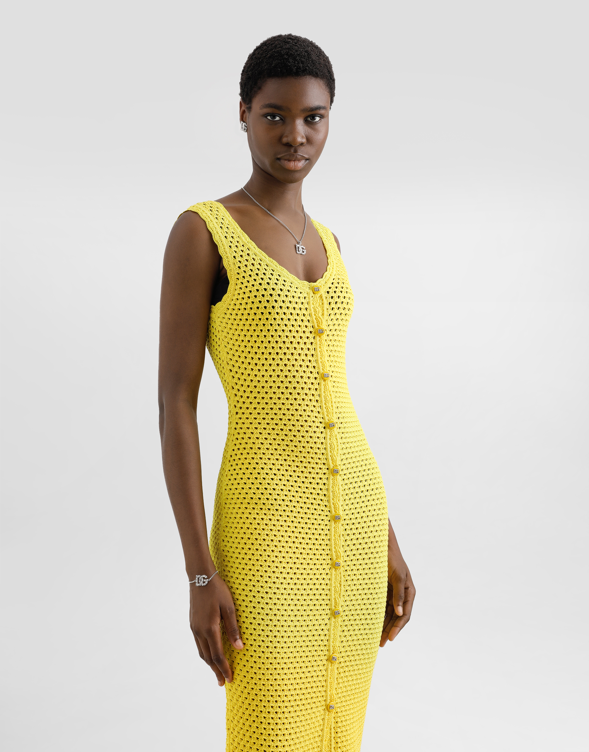 Dolce & Gabbana Sleeveless Crochet Knit Button-front Midi Dress In Yellow