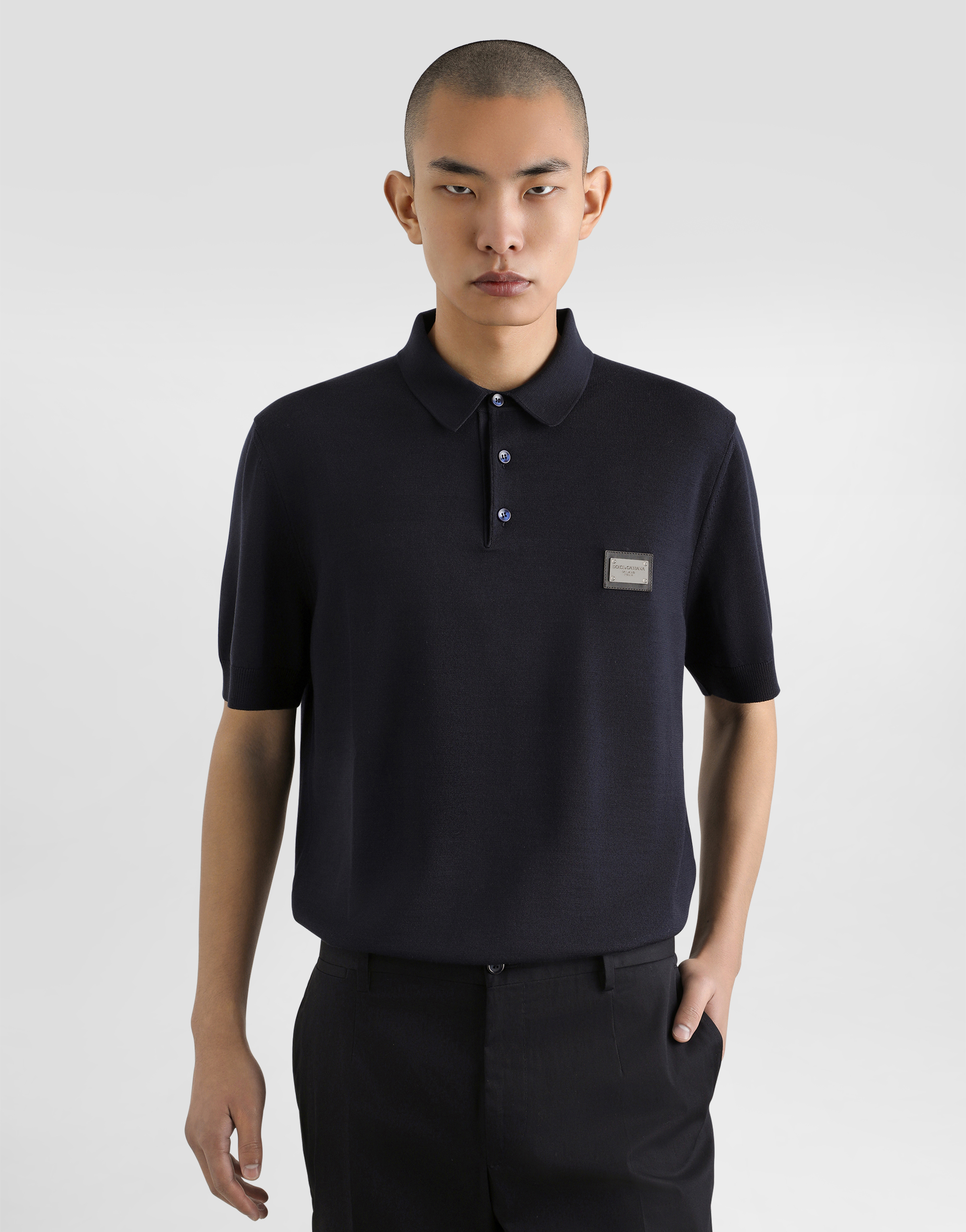 Dolce & Gabbana Dark Gray Logo Plaque Cotton Men Polo Shirt T-shirt In Blue