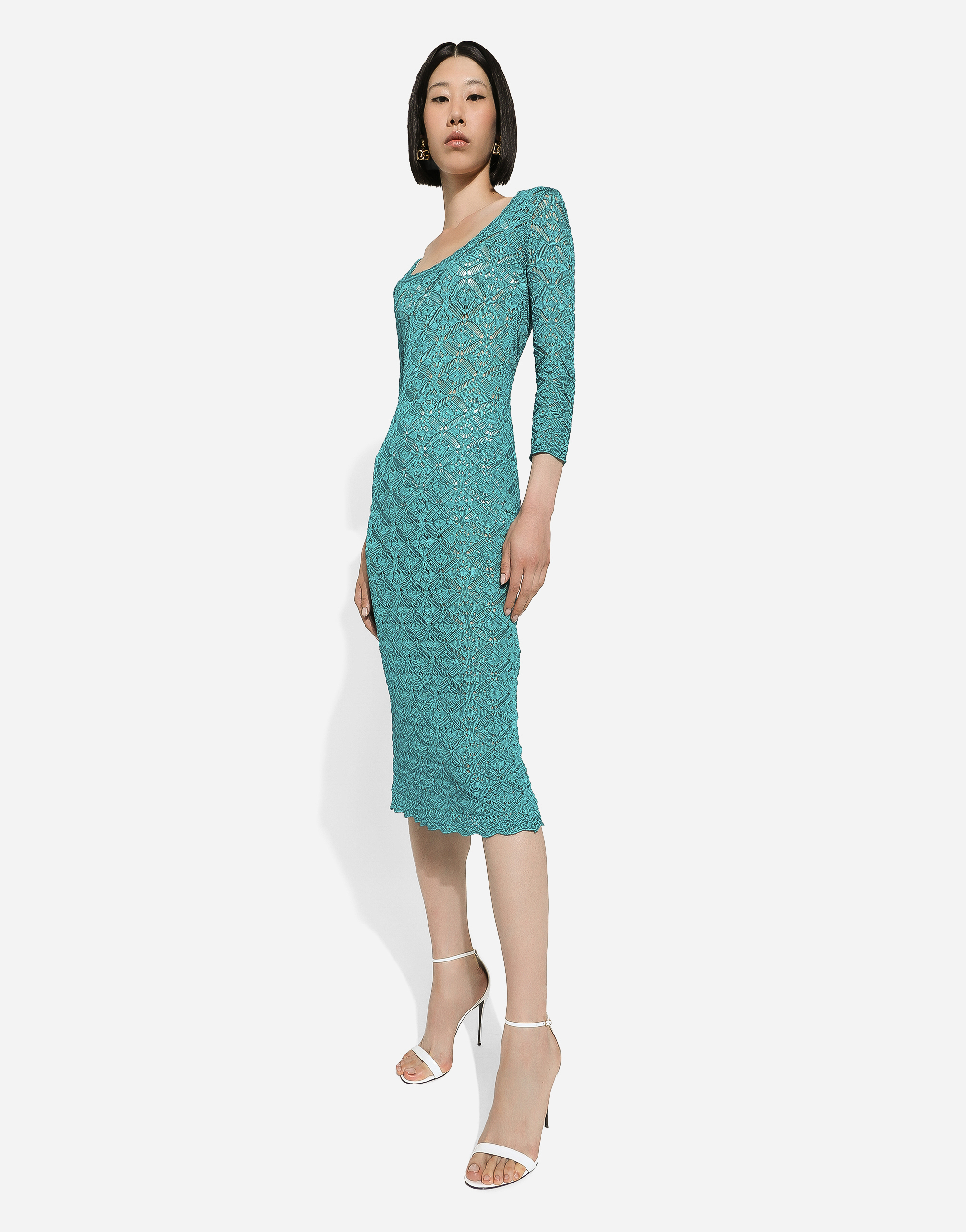 Shop Dolce & Gabbana Crochet Calf-length Dress In Blue