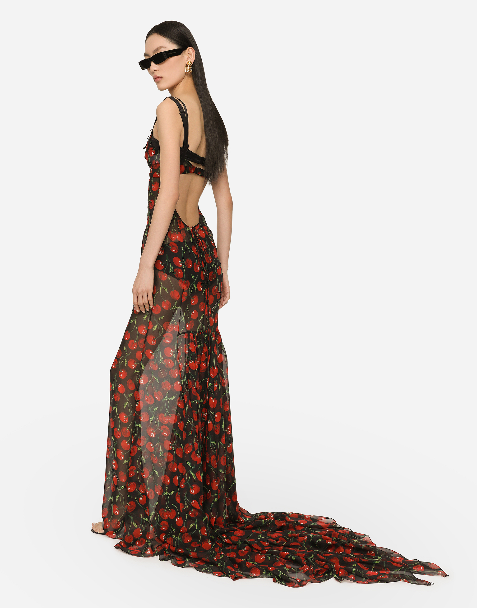 DOLCE & GABBANA LONG CHERRY-PRINT CHIFFON DRESS WITH TRAIN