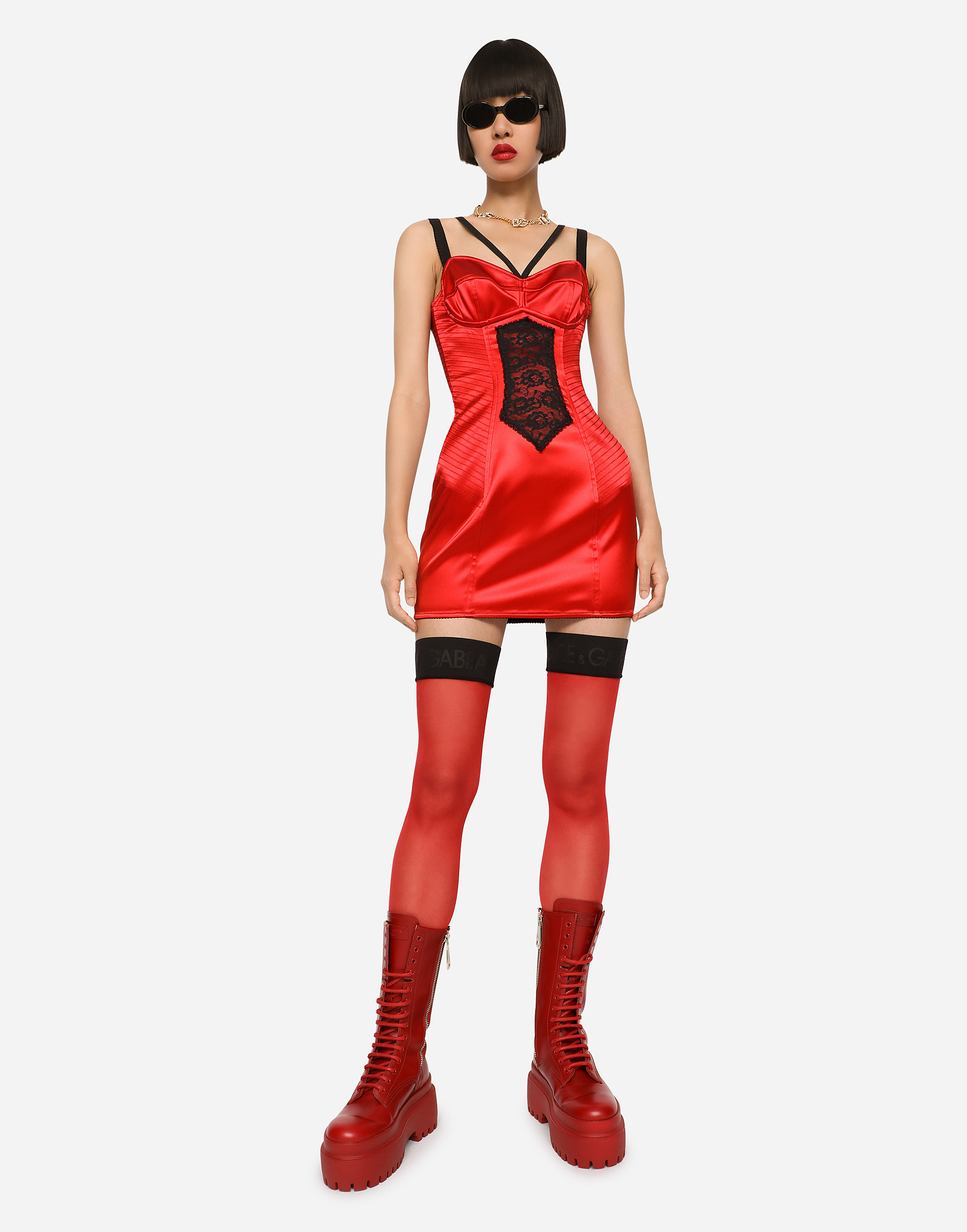 Dolce & Gabbana Short Satin Dress With Lace Details In Red
