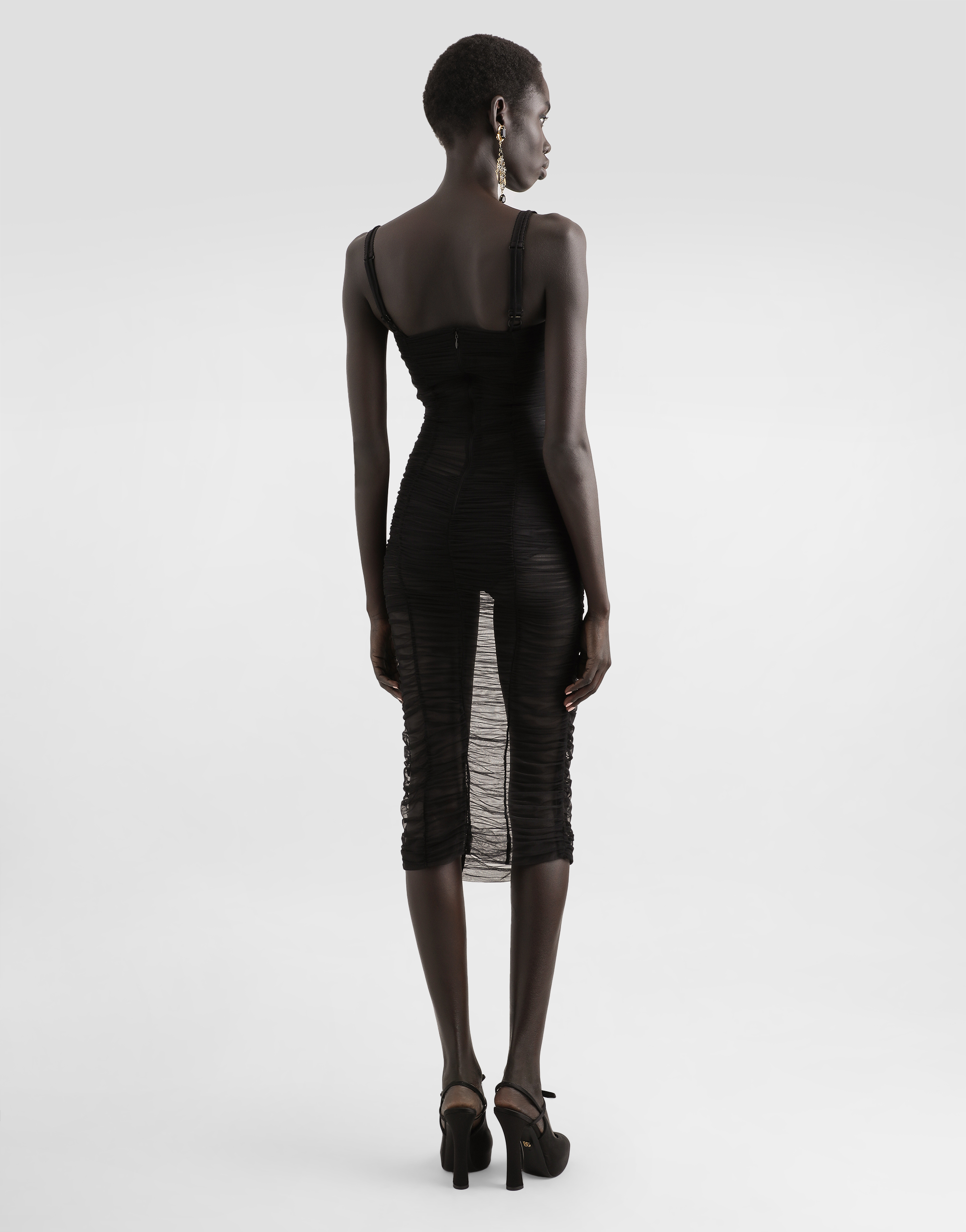 Dolce & Gabbana Tulle Calf-length Dress With Draping In Black