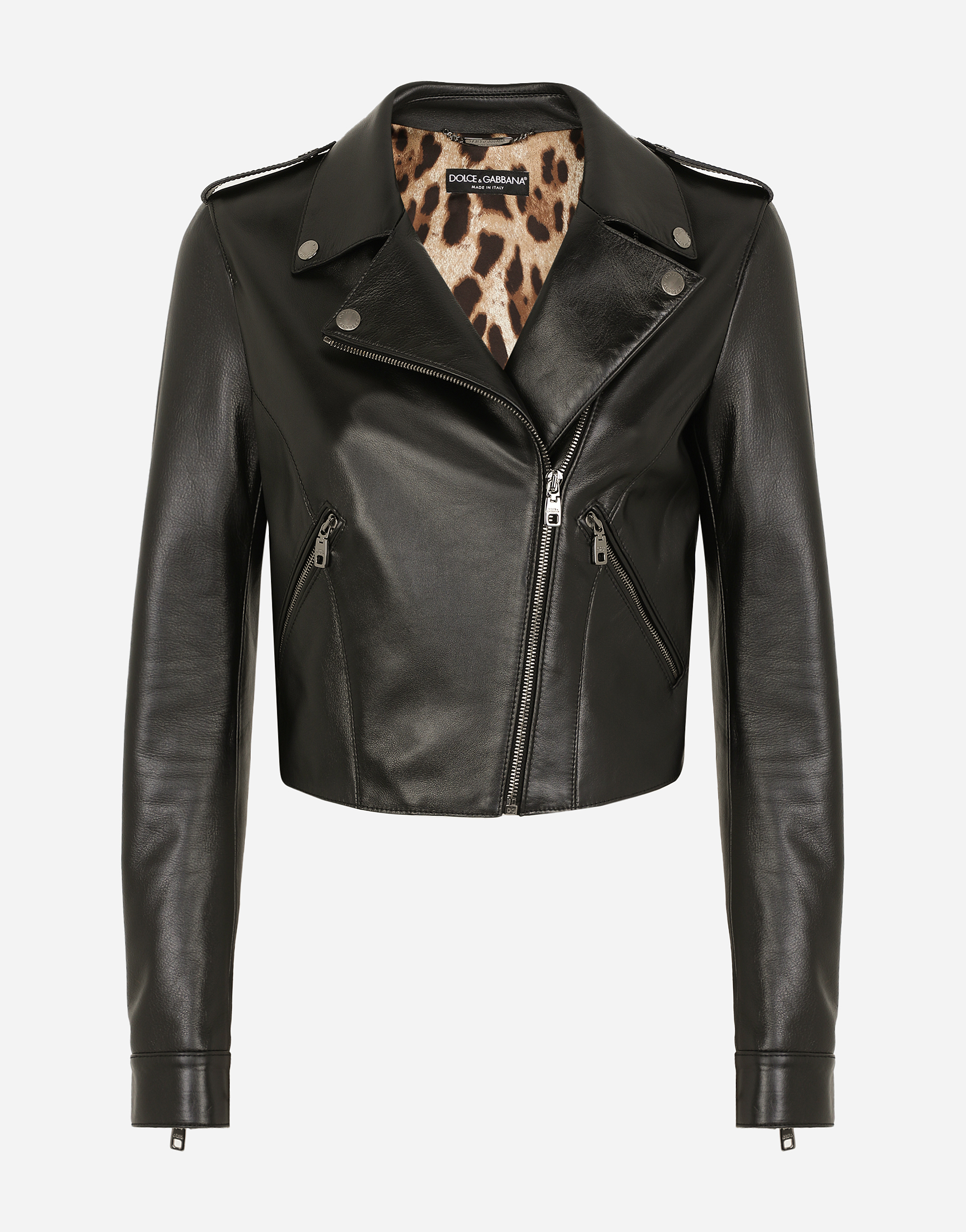 Dolce & Gabbana Leather Biker Jacket With Tab Details - Woman Coats And Jackets Black