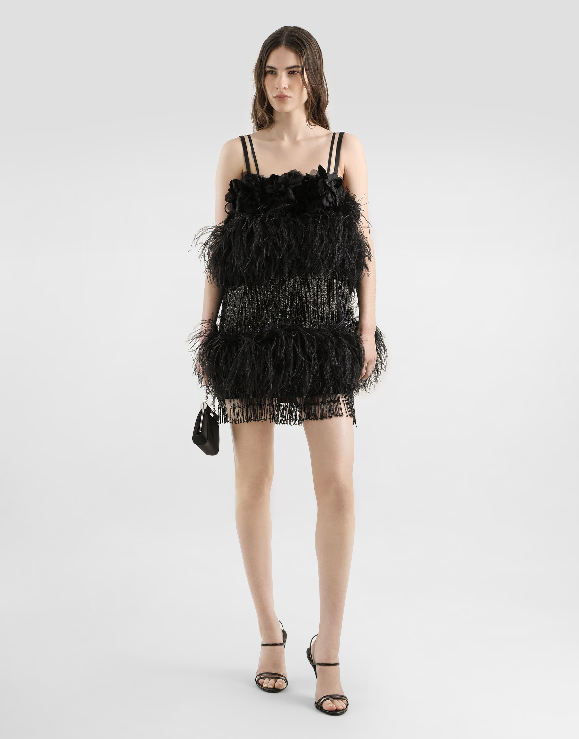 Dolce & Gabbana Satin Dress With Feathers In Black
