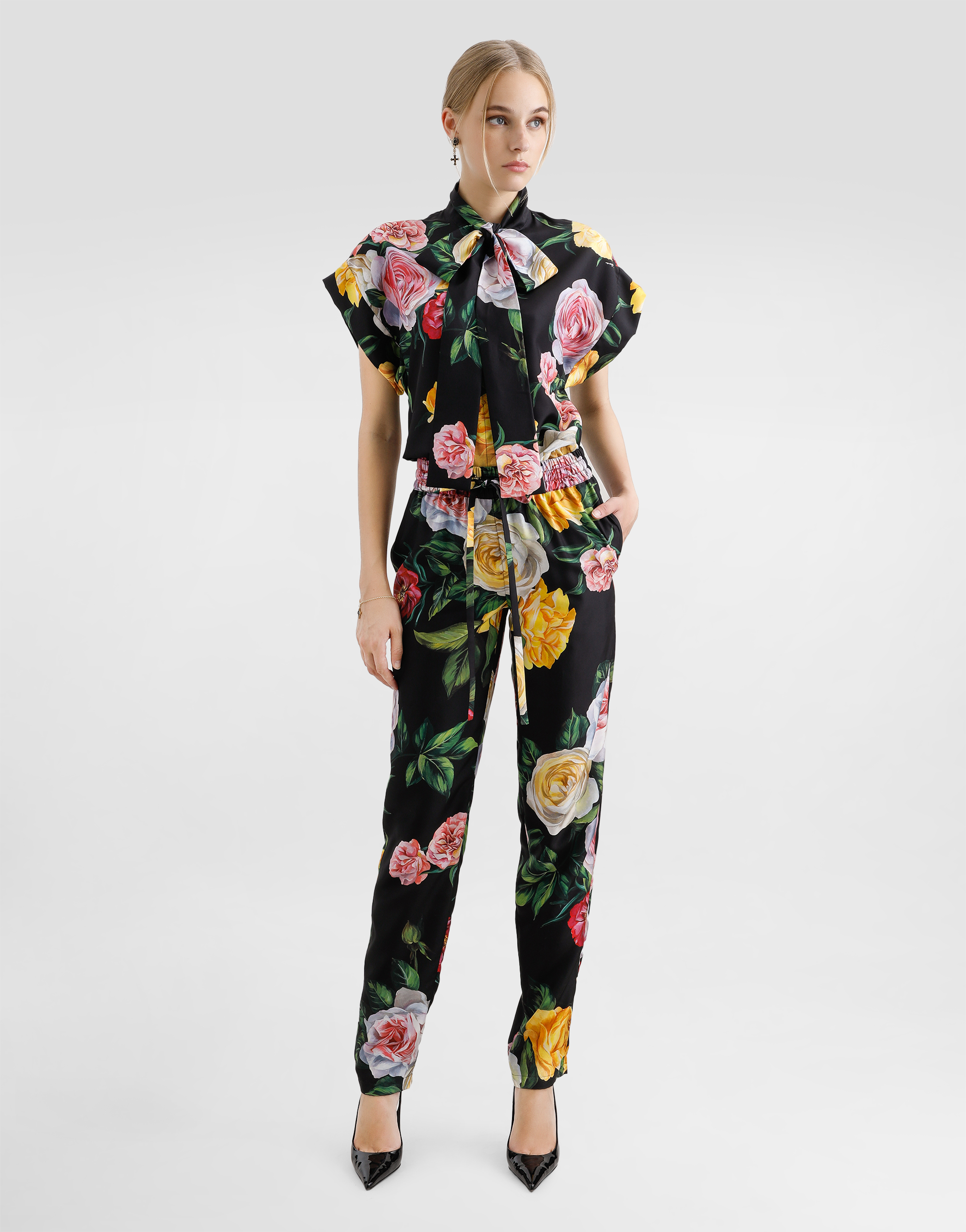 Silk habotai shirt with peony and rose print