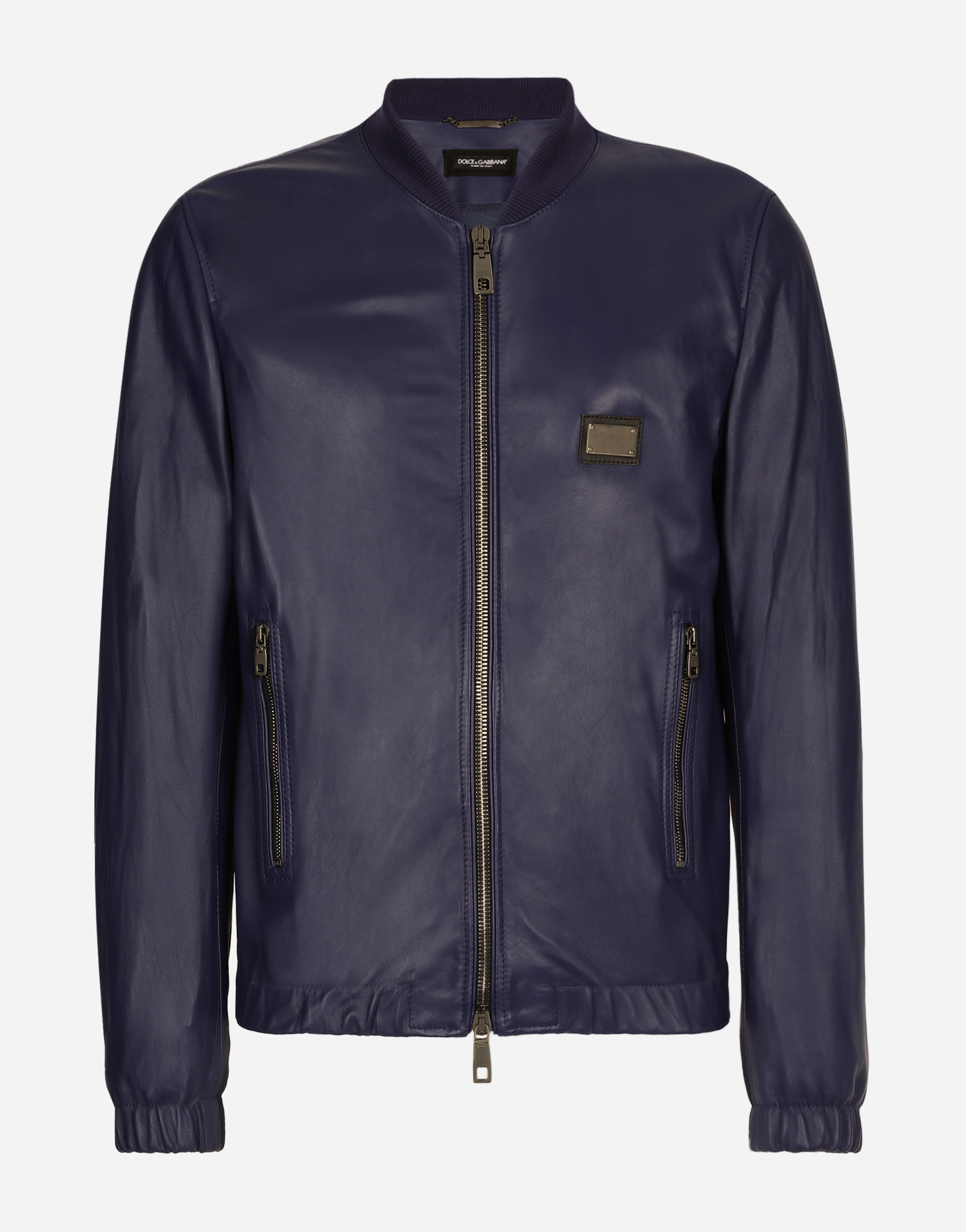 Dolce & Gabbana Leather Jacket With Branded Tag - Man Coats And Jackets Blue Leather