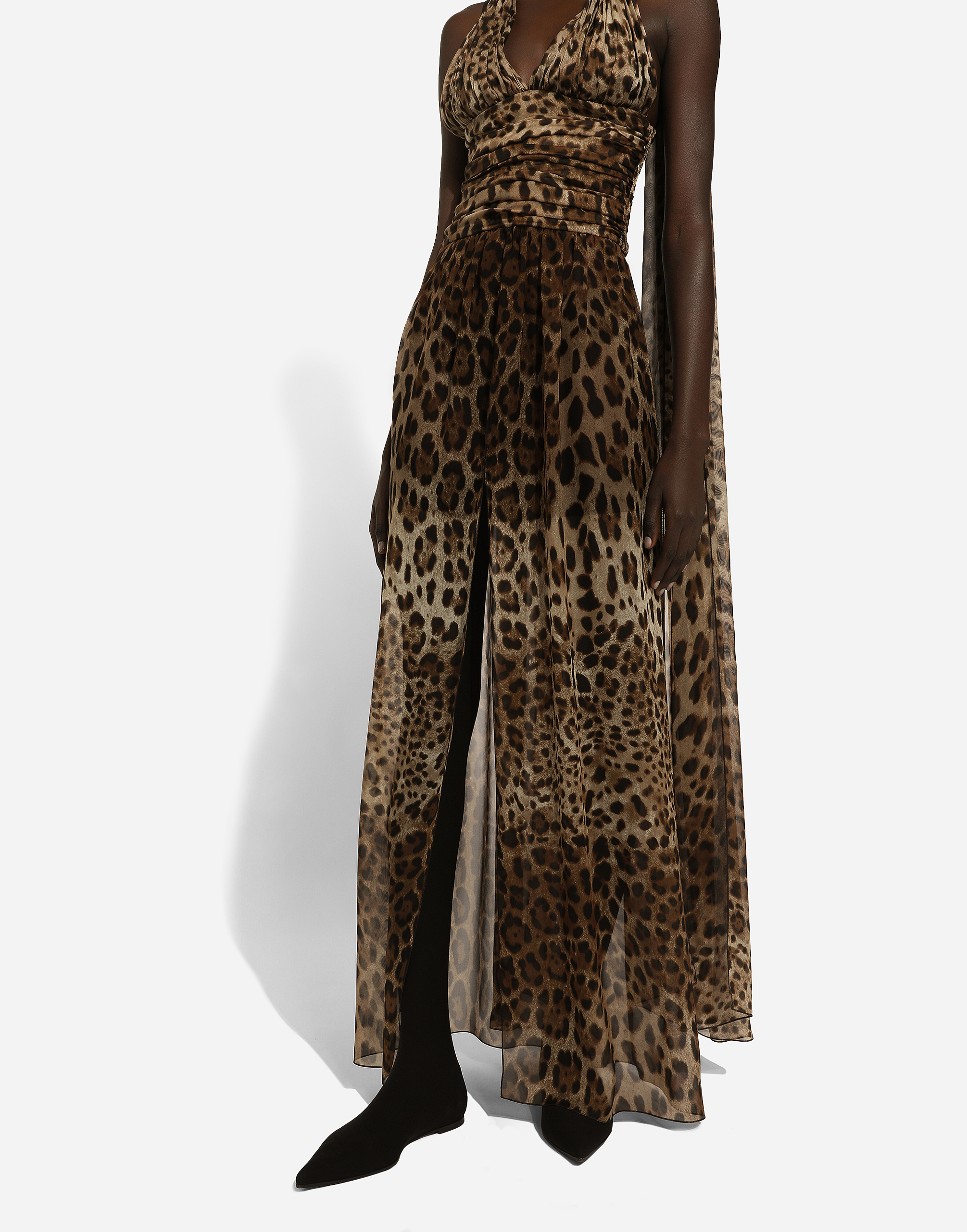 Long leopard-print chiffon dress