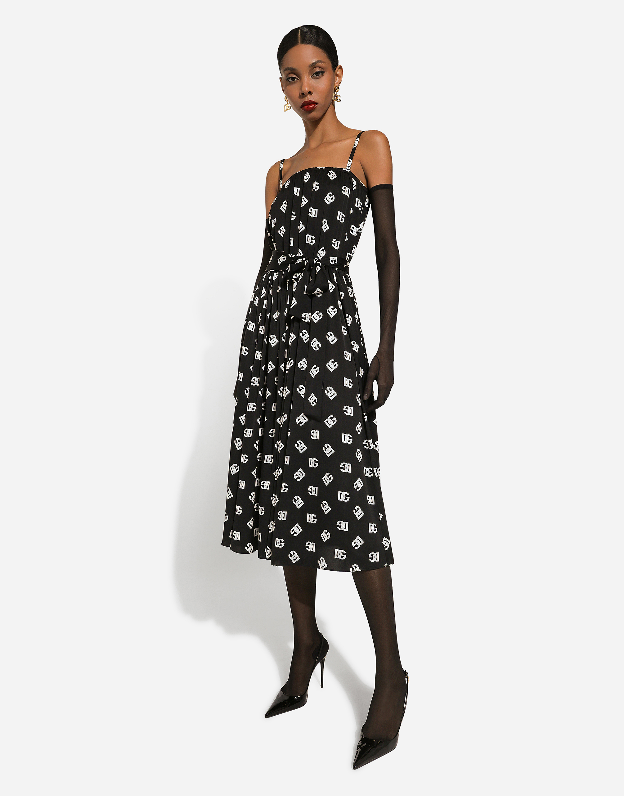Charmeuse calf-length dress with all-over DG logo print