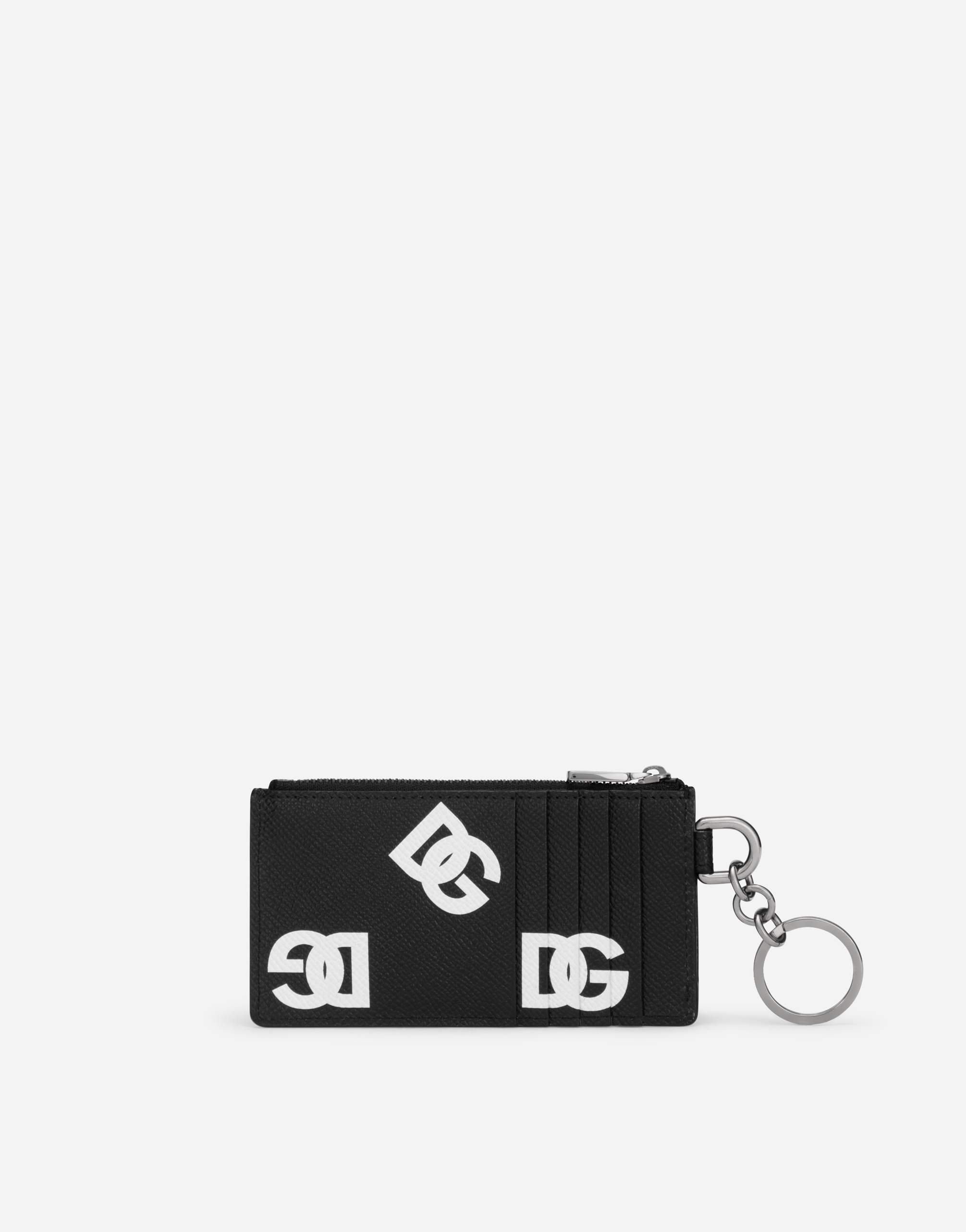 Shop Dolce & Gabbana Calfskin Card Holder With All-over Dg Print And Ring In Multicolor