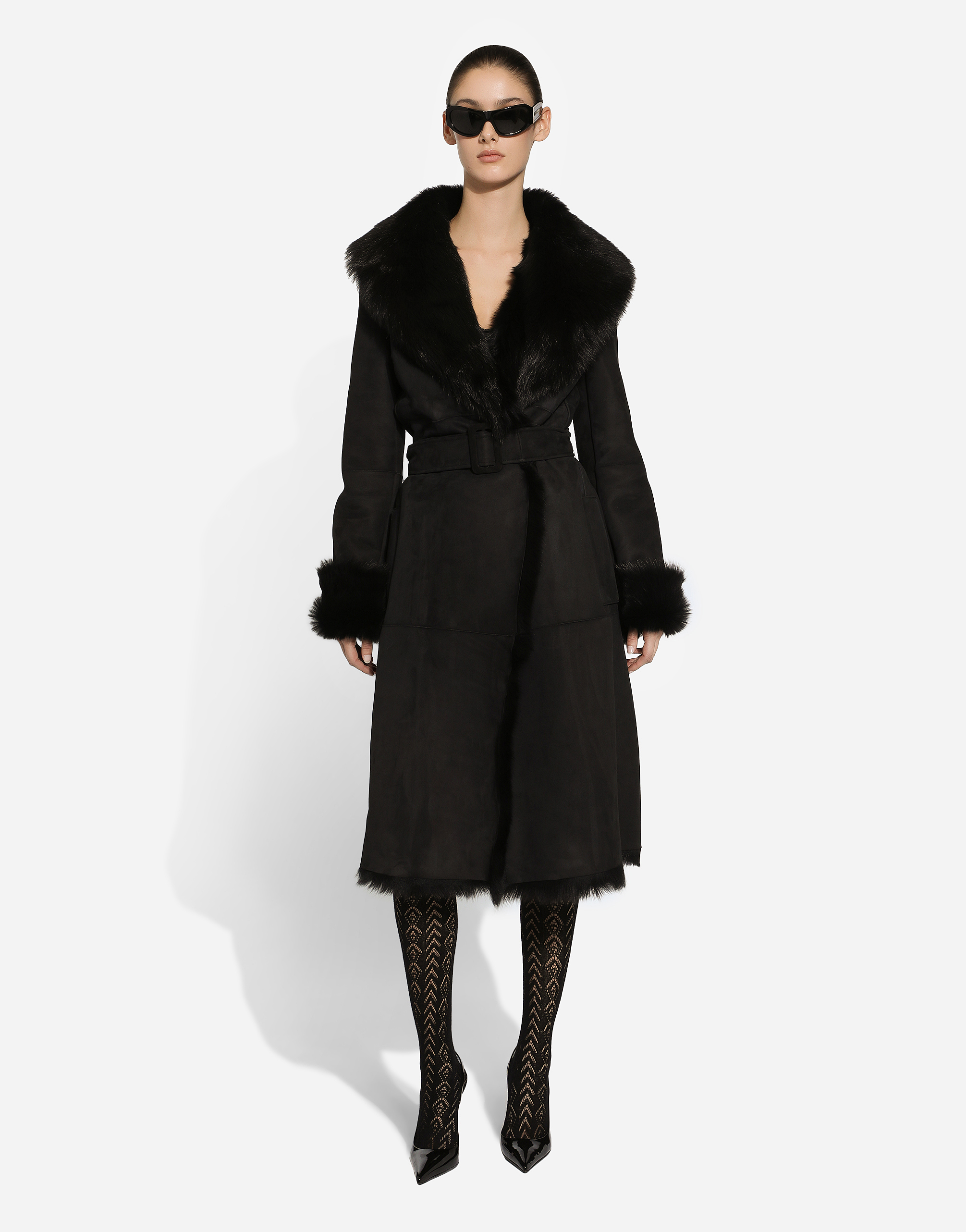  Dolce & Gabbana Abrigo En Piel De Cordero Con Borreguito Y Cinturón - Mujer Abrigos Y Chaquetones Negro 42 