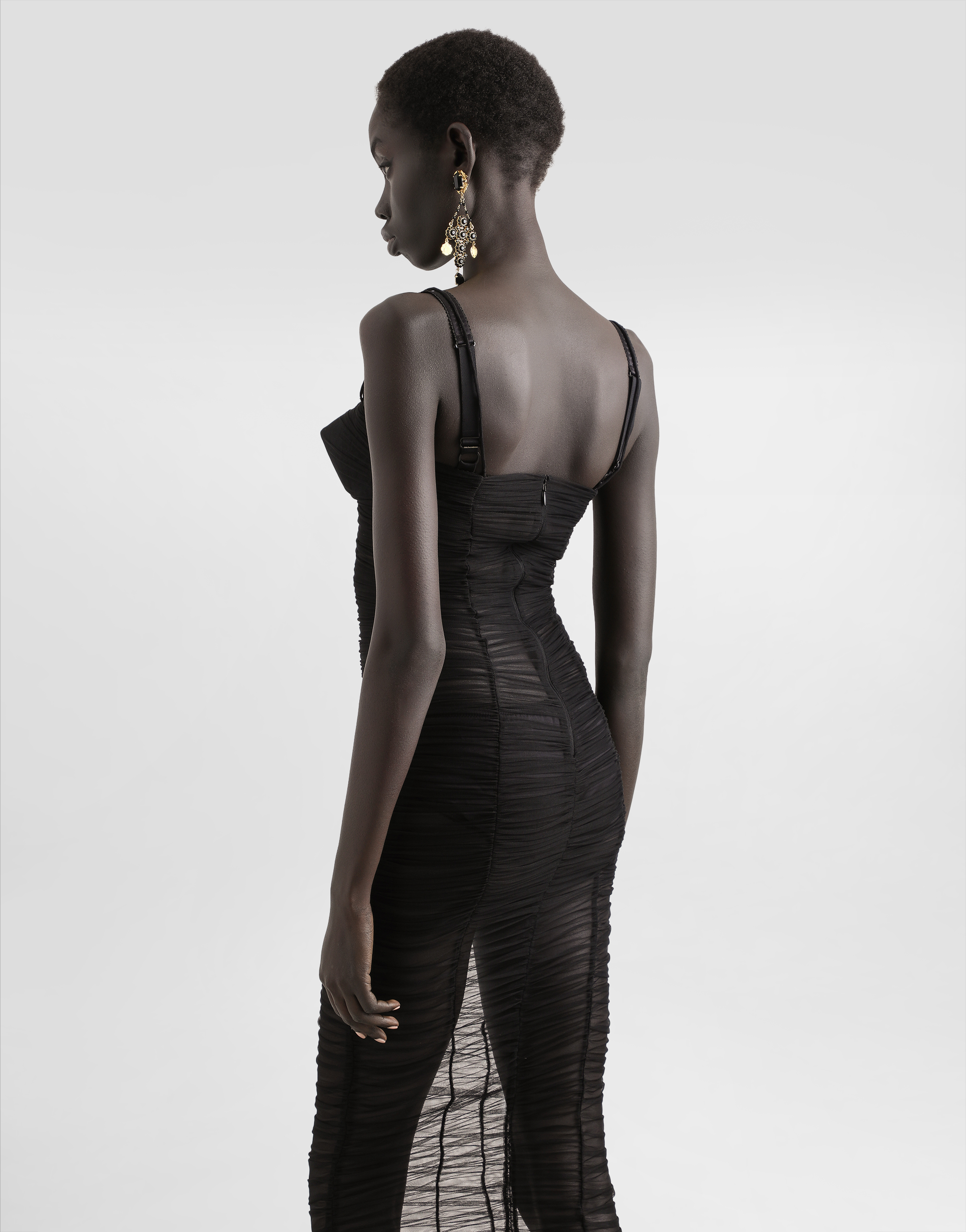Tulle calf-length dress with draping