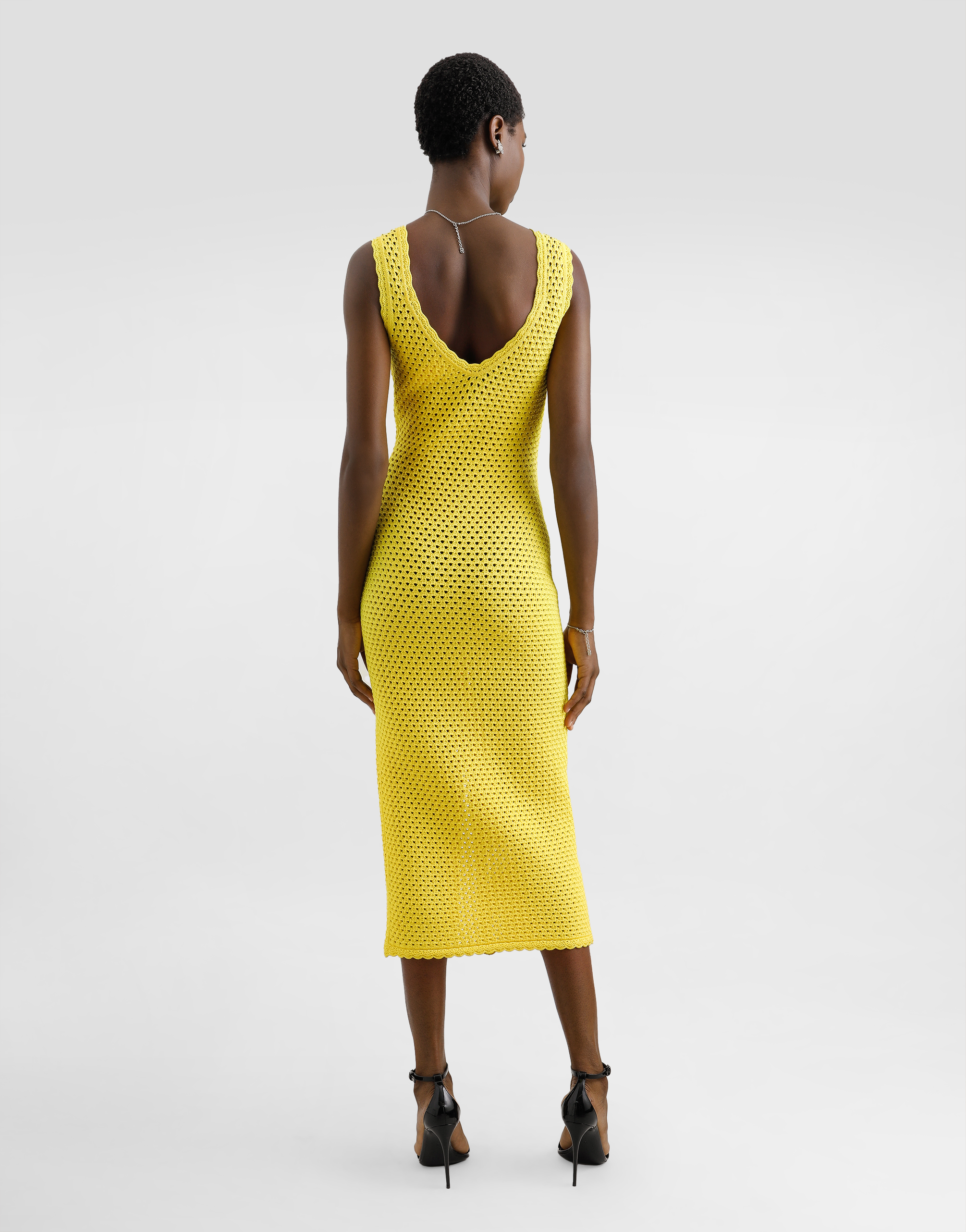 Dolce & Gabbana Sleeveless Crochet Knit Button-front Midi Dress In Yellow