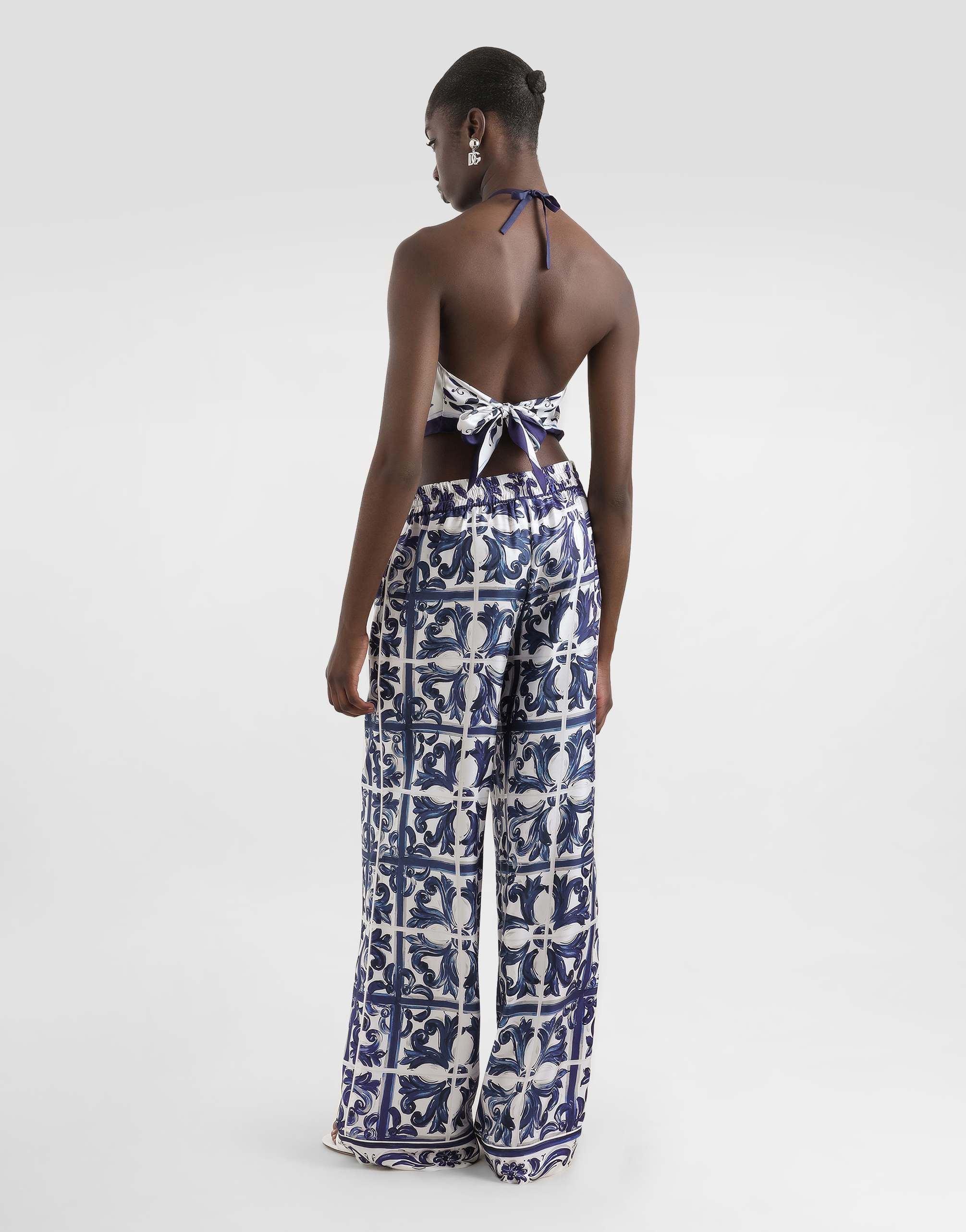 Majolica-print silk twill vanity trousers