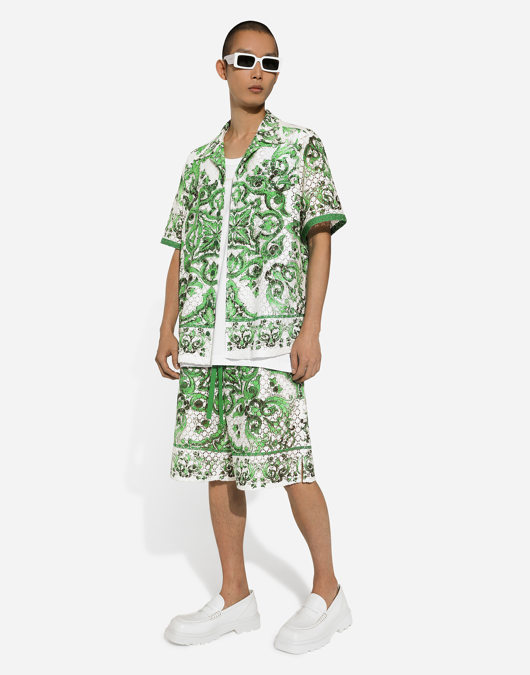 Dolce & Gabbana Crochet Lace Jogging Shorts With Majolica Print In Green