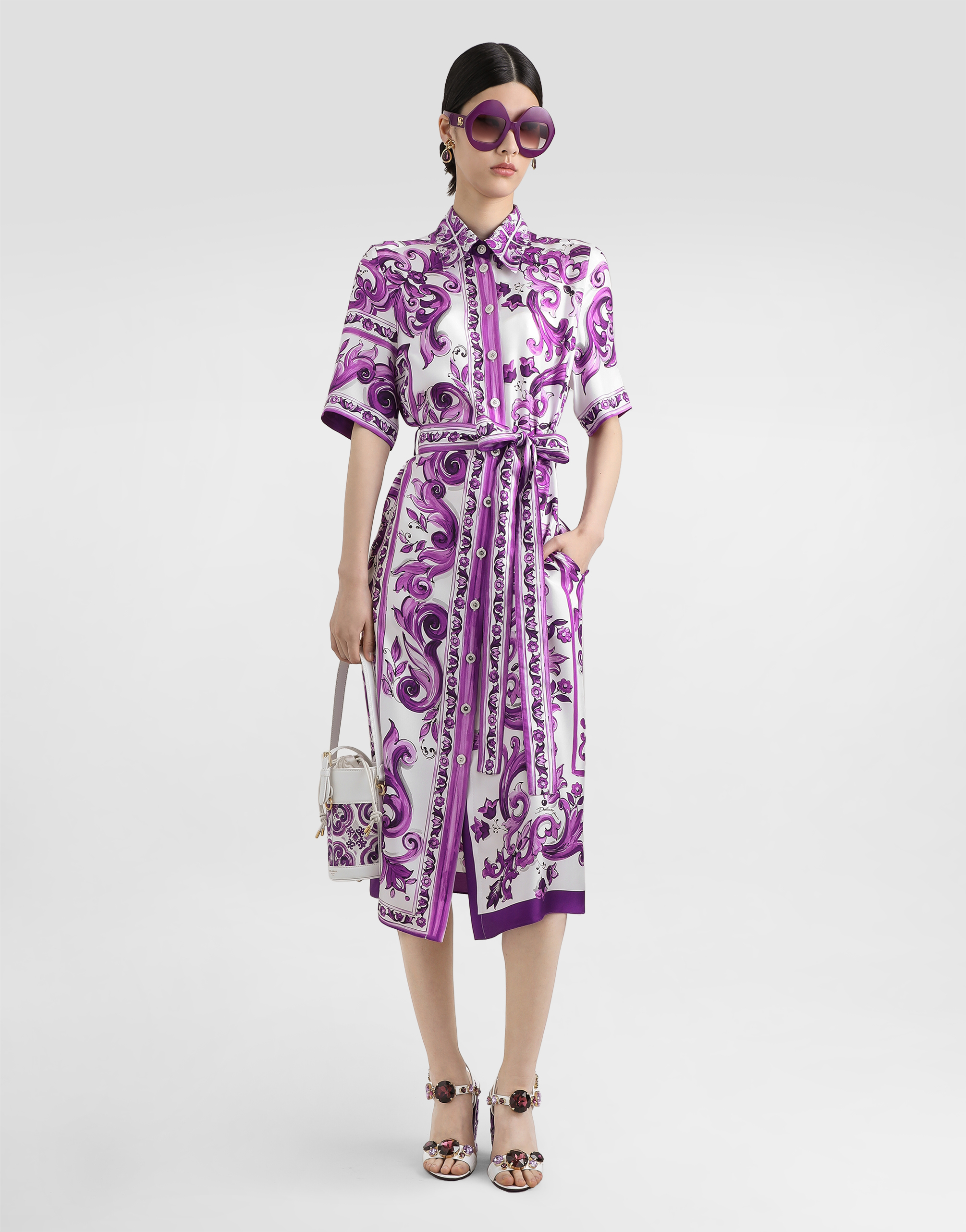 Majolica-print twill shirt dress
