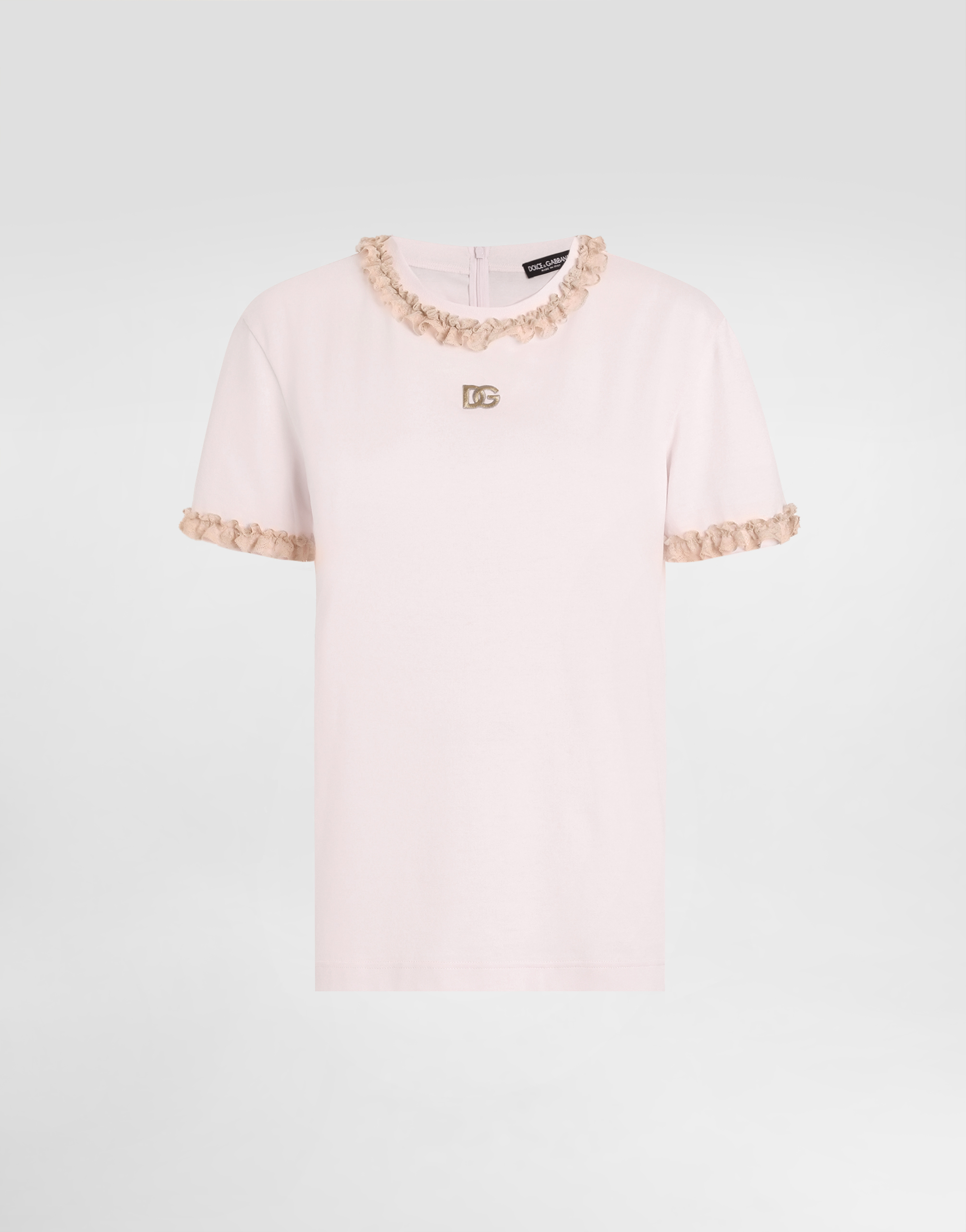 Jersey t-shirt with lace and embroidery in Pink for Women