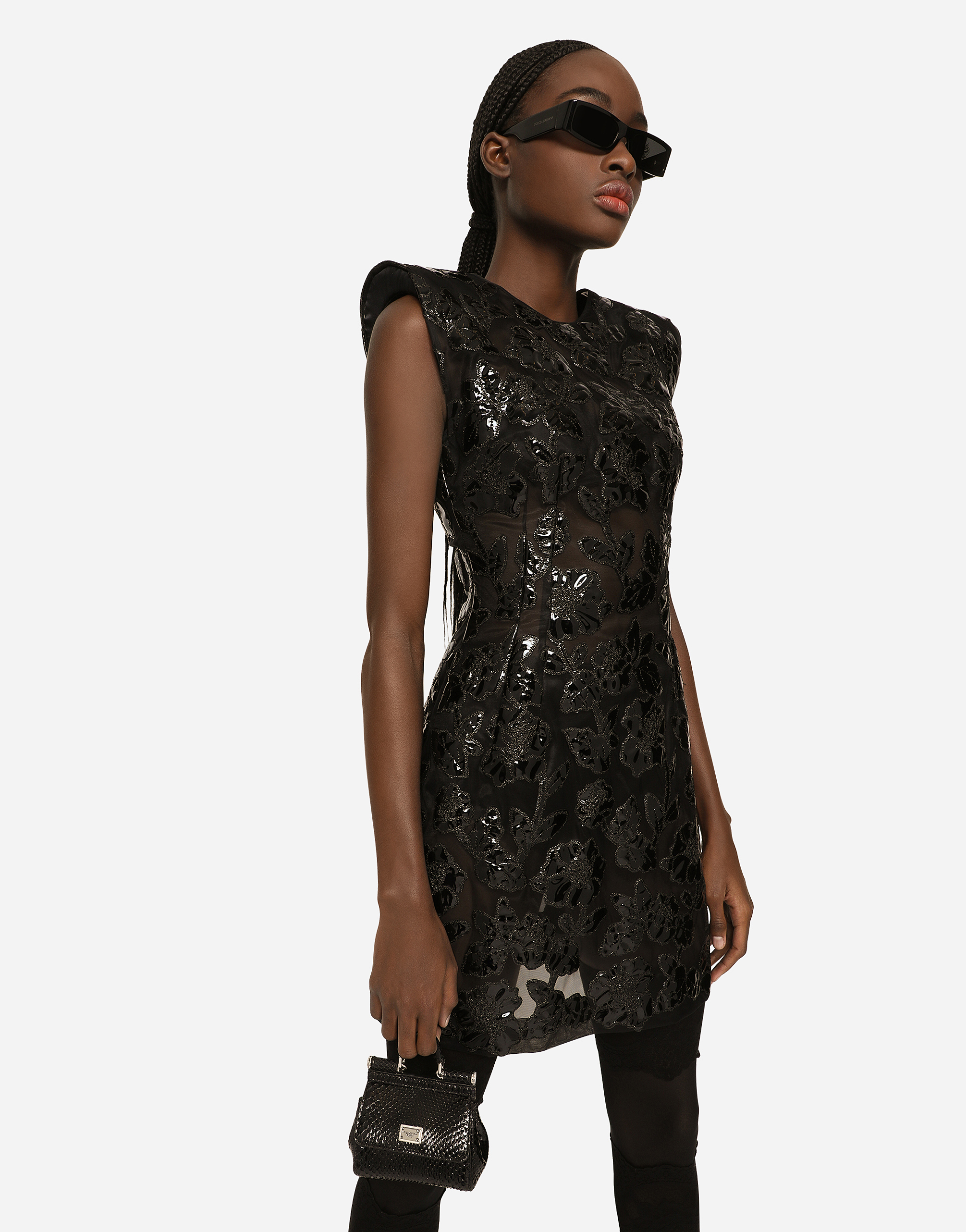 DOLCE & GABBANA SHORT MARQUISETTE DRESS WITH PATENT FLORAL EMBELLISHMENT