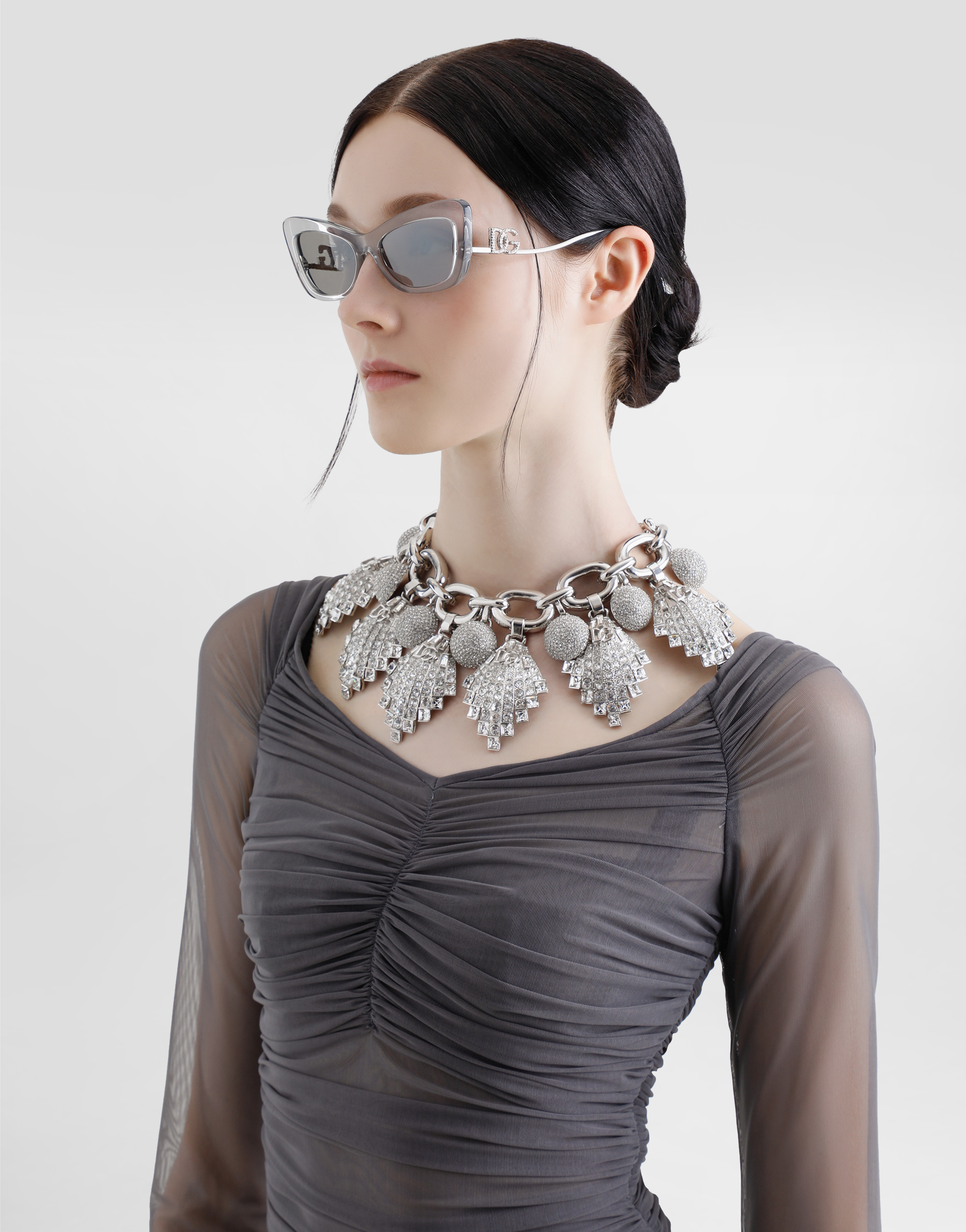 Dolce & Gabbana Draped Light Tulle Short Dress In Grey