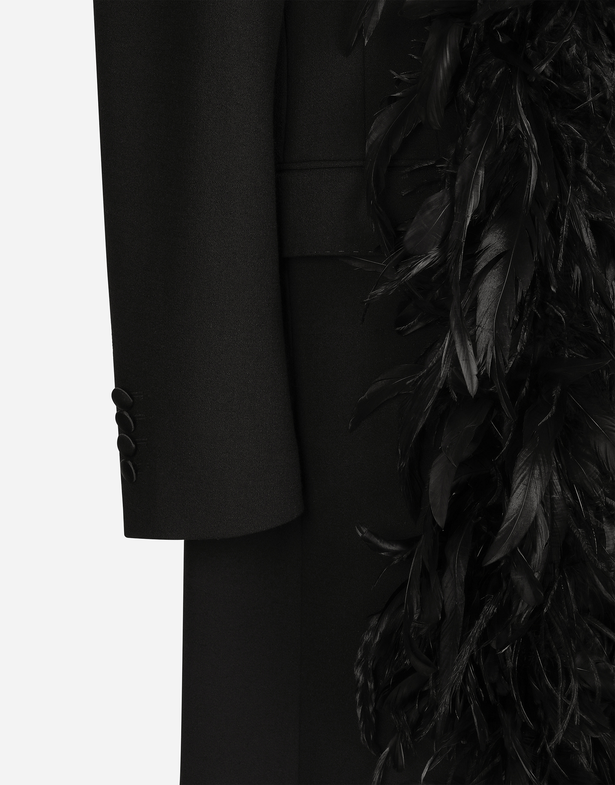 Double-breasted wool crepe coat with belt and rooster feather embellishment