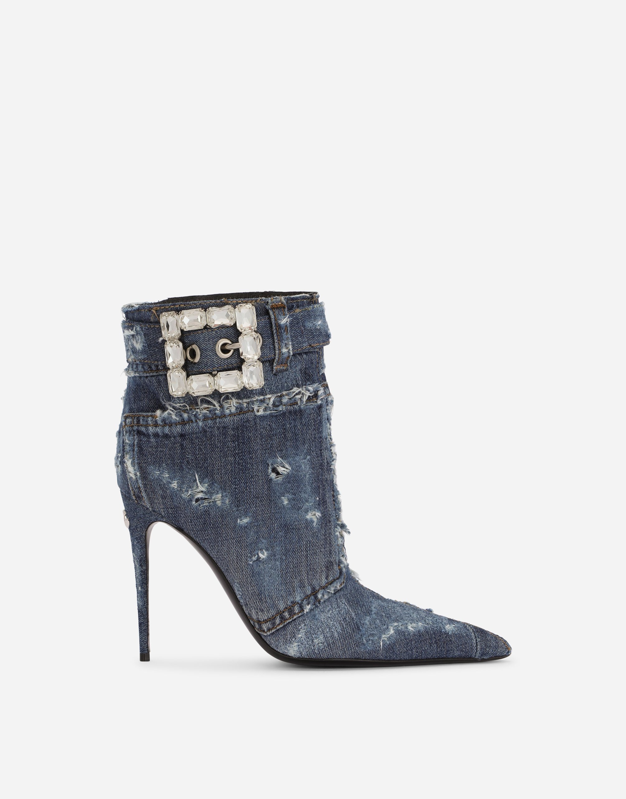 Dolce & Gabbana Patchwork Denim Ankle Boots With Rhinestone Buckle In Dark Cobalt