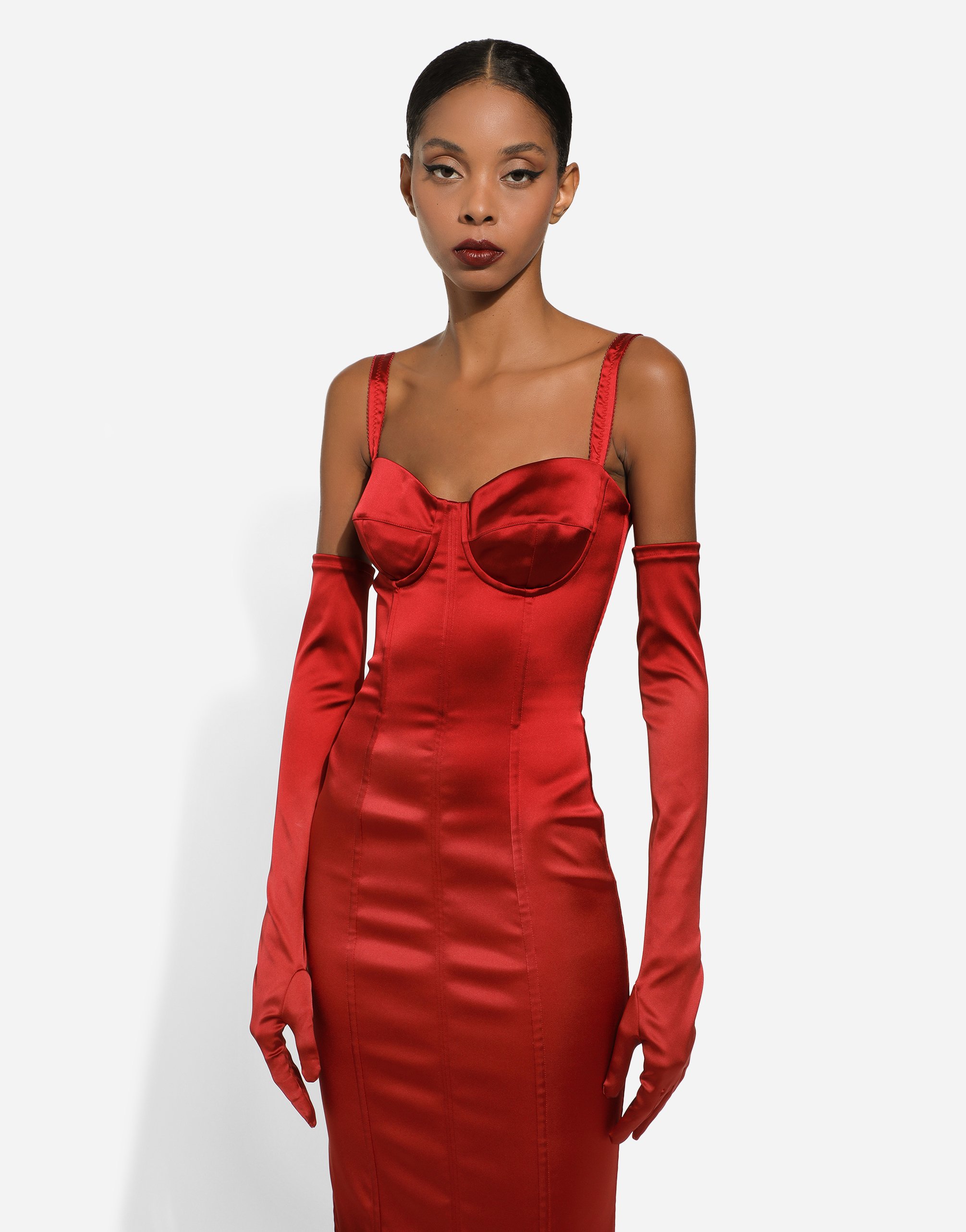 Shop Dolce & Gabbana Satin Calf-length Dress With Corset Bustier In Red