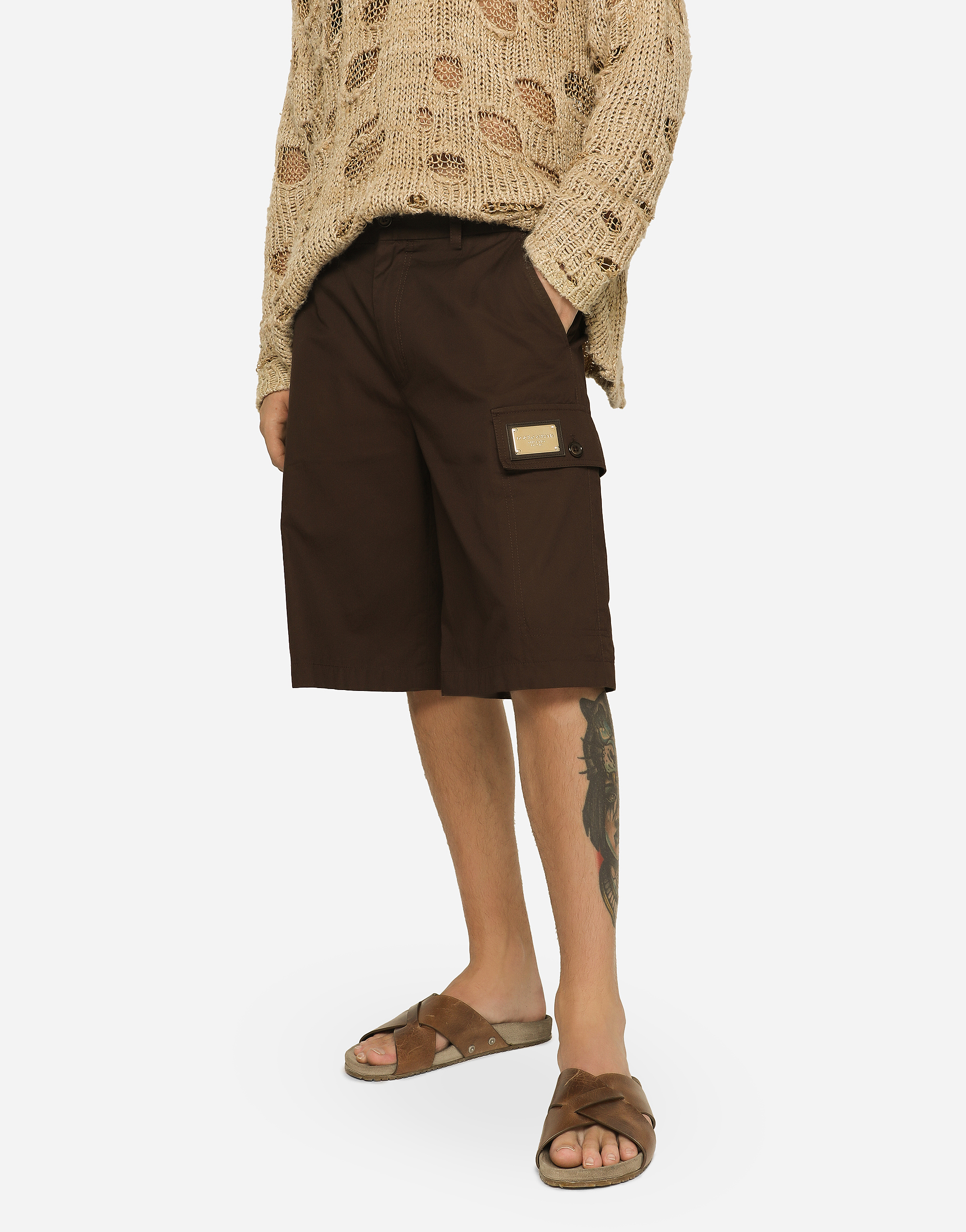 Shop Dolce & Gabbana Cotton Gabardine Cargo Bermuda Shorts With Brand Plate In Brown