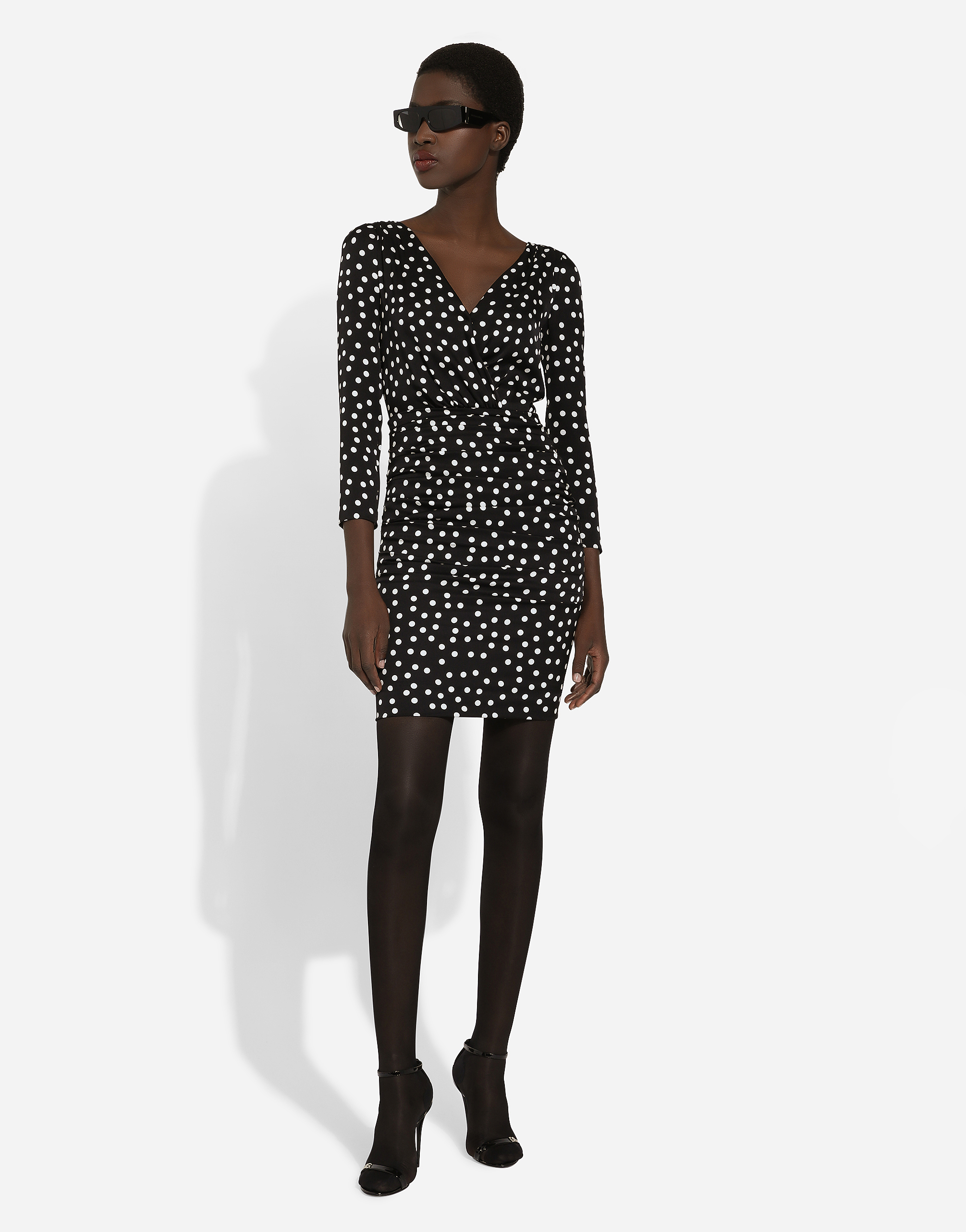 Dolce & Gabbana Polka Dot-printed Plunging V-neck Mini Dress In Print