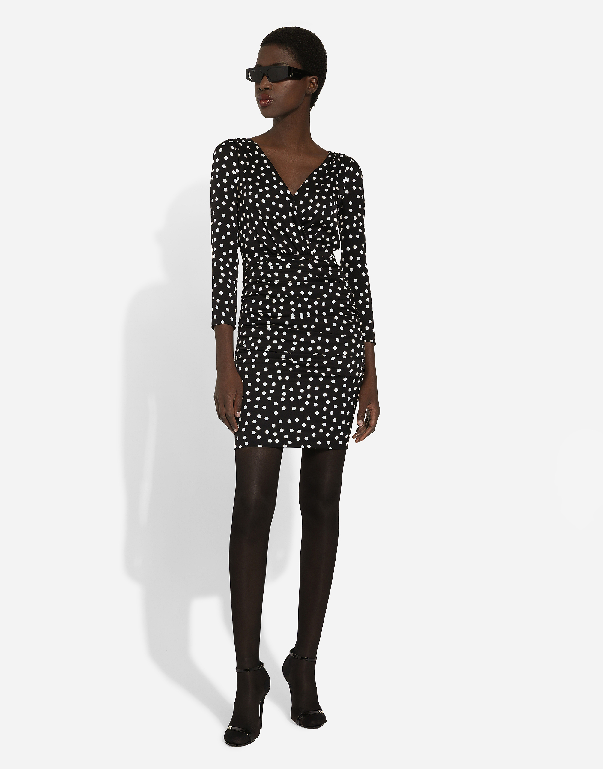 Shop Dolce & Gabbana Short Charmeuse Dress With Draped Detailing And Micro Polka-dot Print