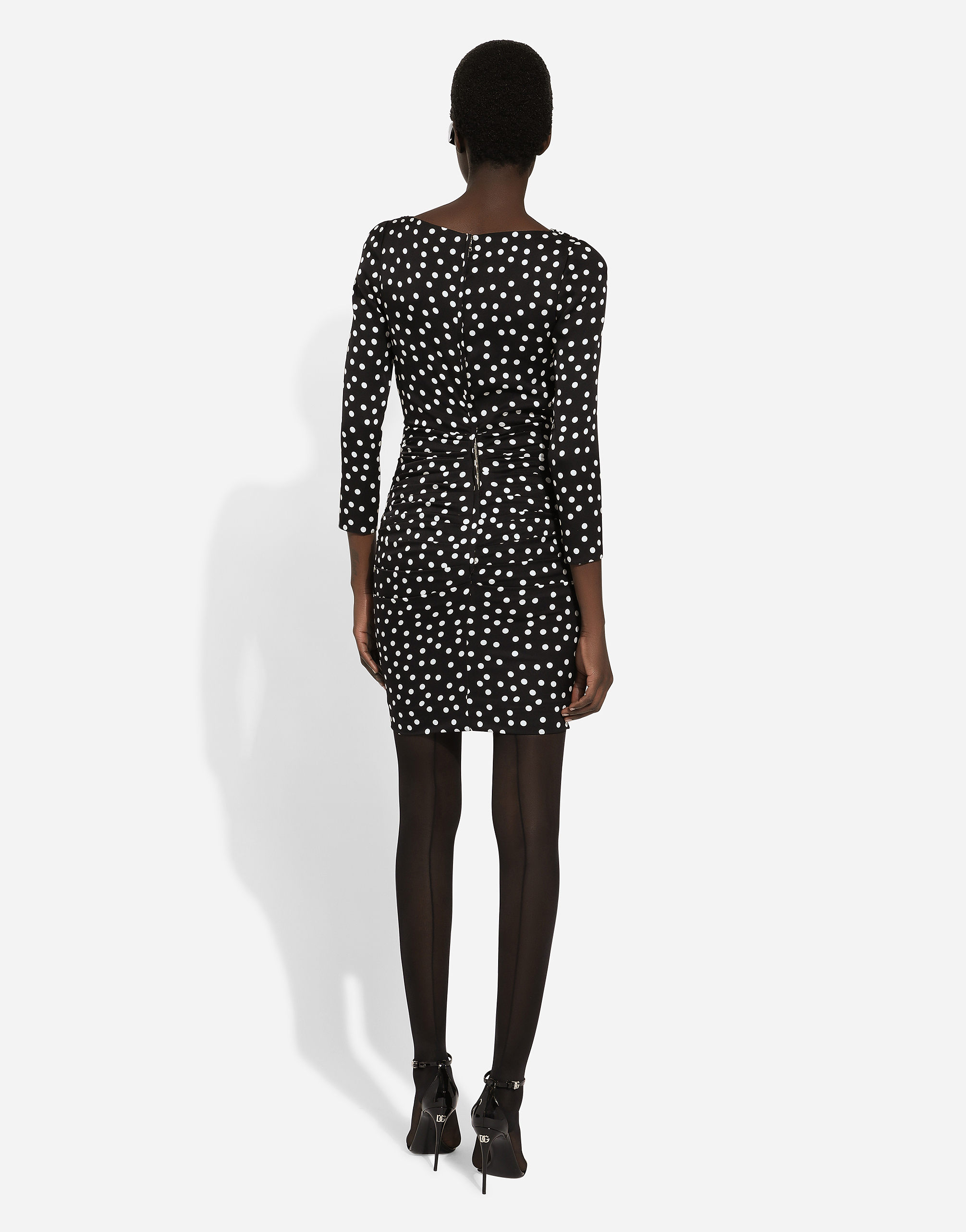 Shop Dolce & Gabbana Short Charmeuse Dress With Draped Detailing And Micro Polka-dot Print