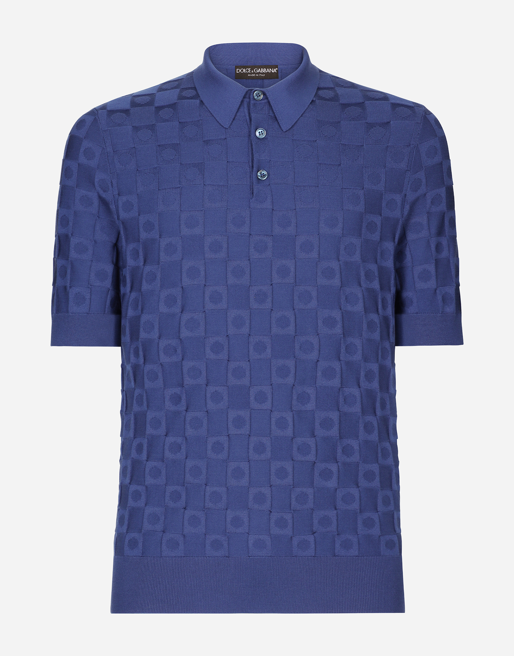 Shop Dolce & Gabbana 3d Check Silk Jacquard Polo-shirt In Azure