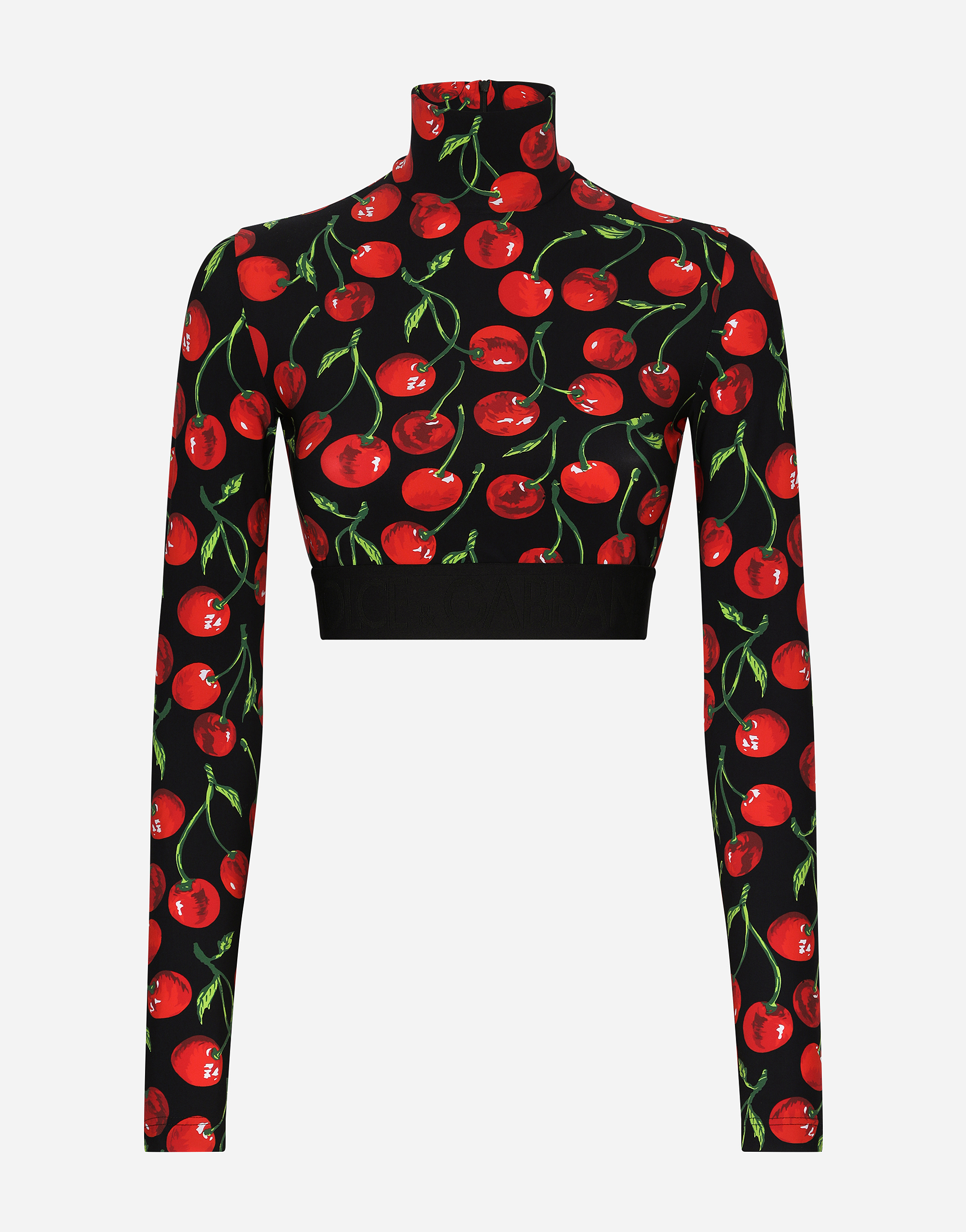 DOLCE & GABBANA CHERRY-PRINT TECHNICAL JERSEY TURTLE-NECK TOP WITH BRANDED ELASTIC