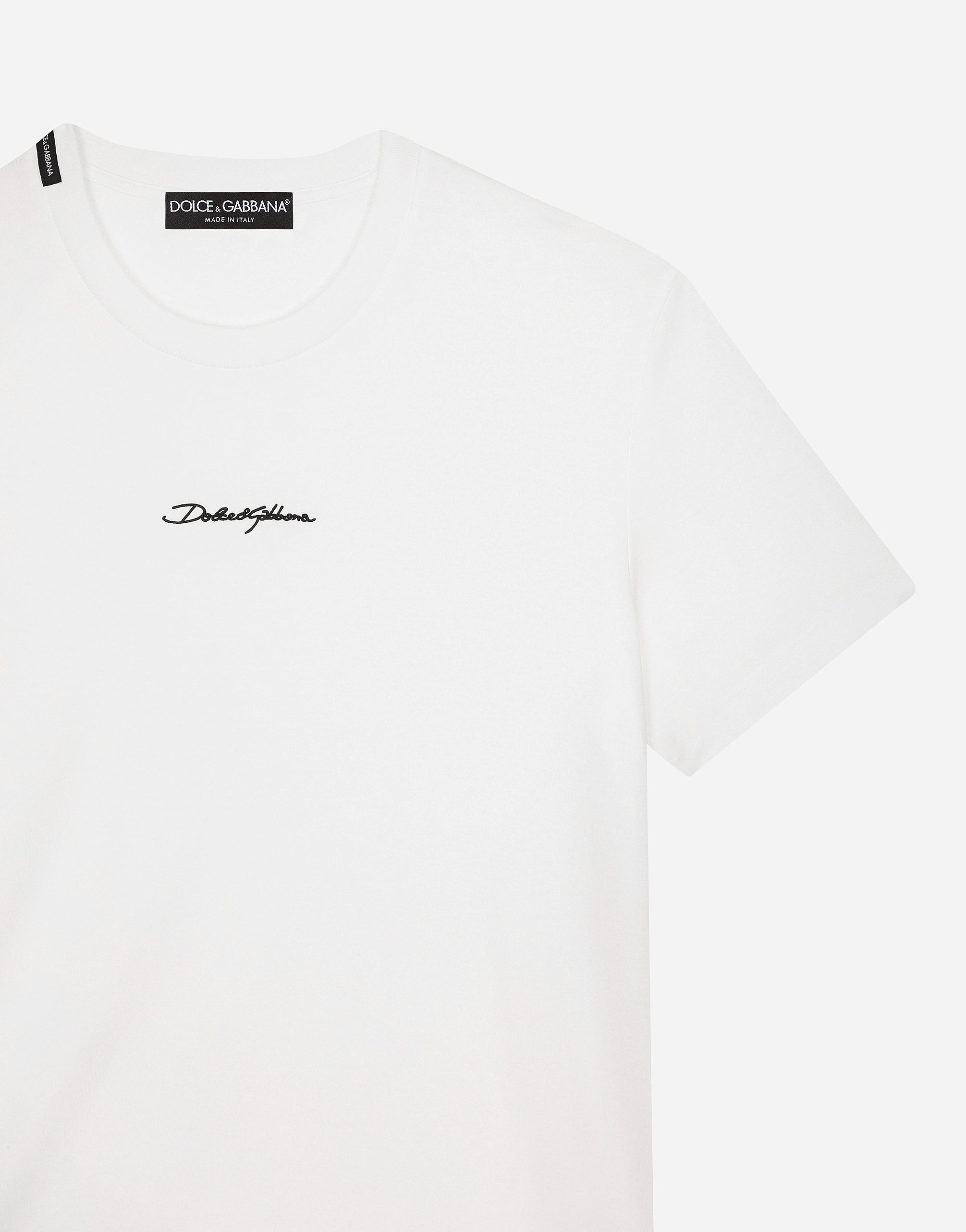 Dolce & Gabbana White Crewneck T-shirt With Signature Logo In Cotton Man In ホワイト