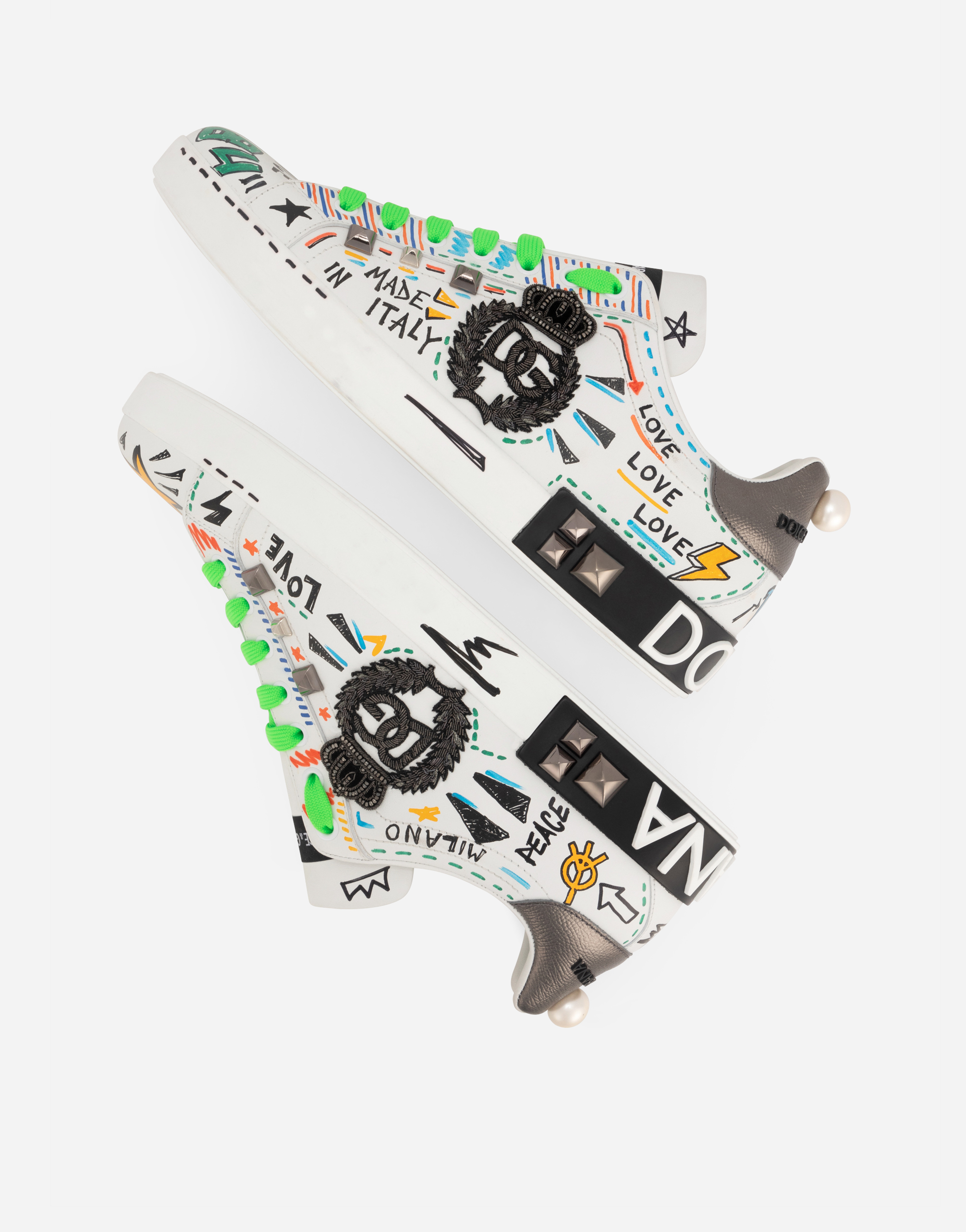 Calfskin Portofino sneakers with embroidery and studs