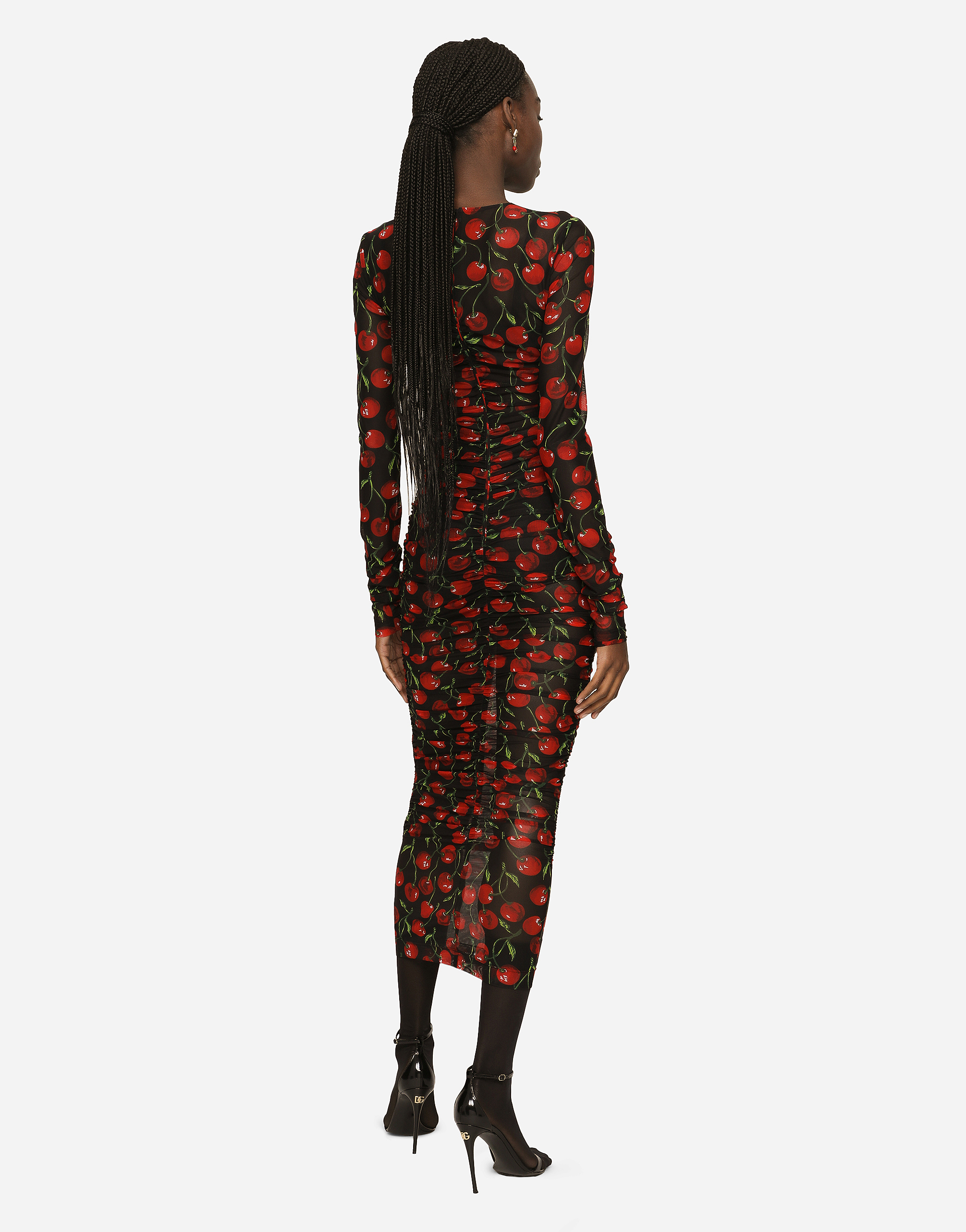 DOLCE & GABBANA CHERRY-PRINT TULLE CALF-LENGTH DRESS WITH DRAPING