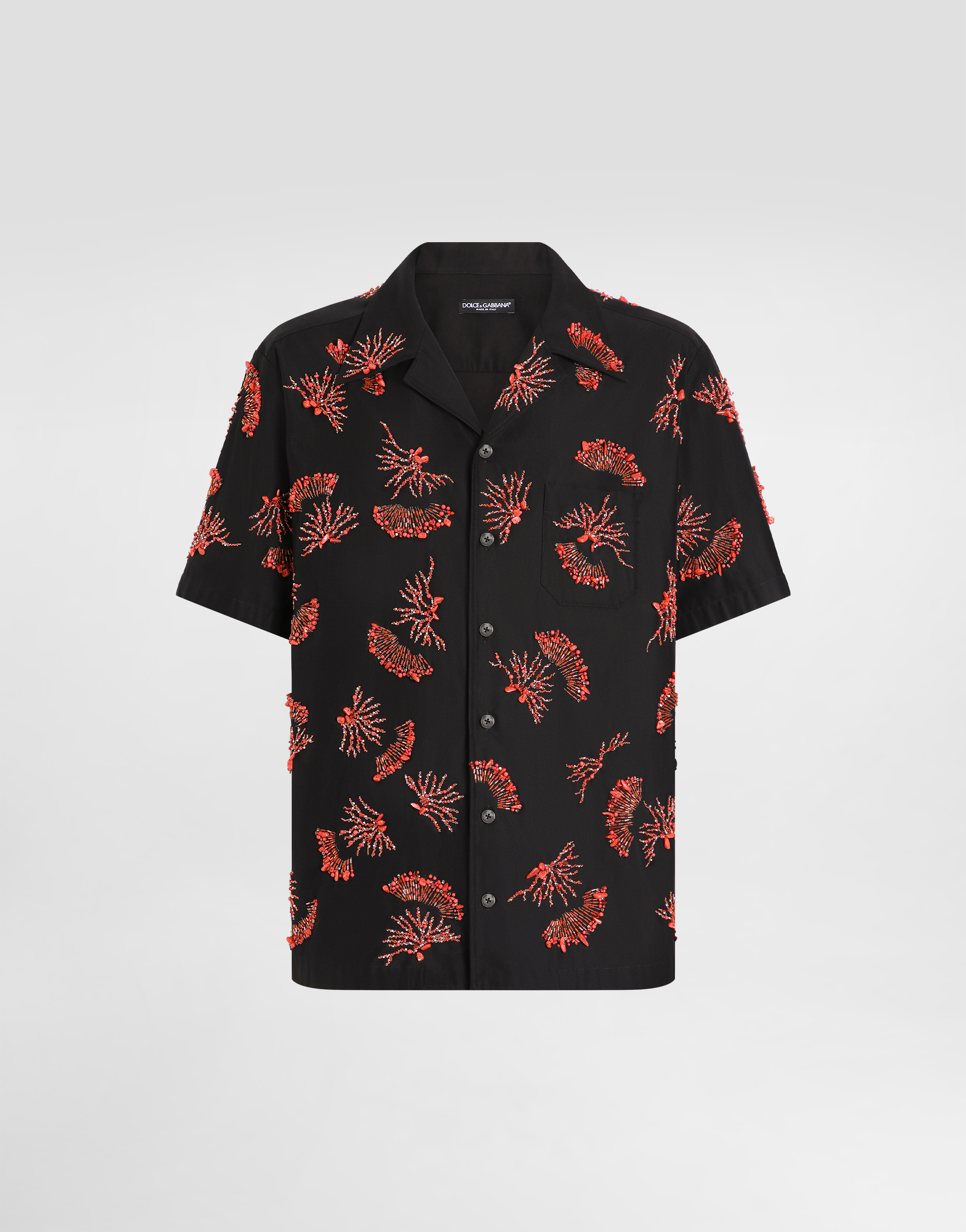 Short-sleeved cotton shirt with coral embroidery