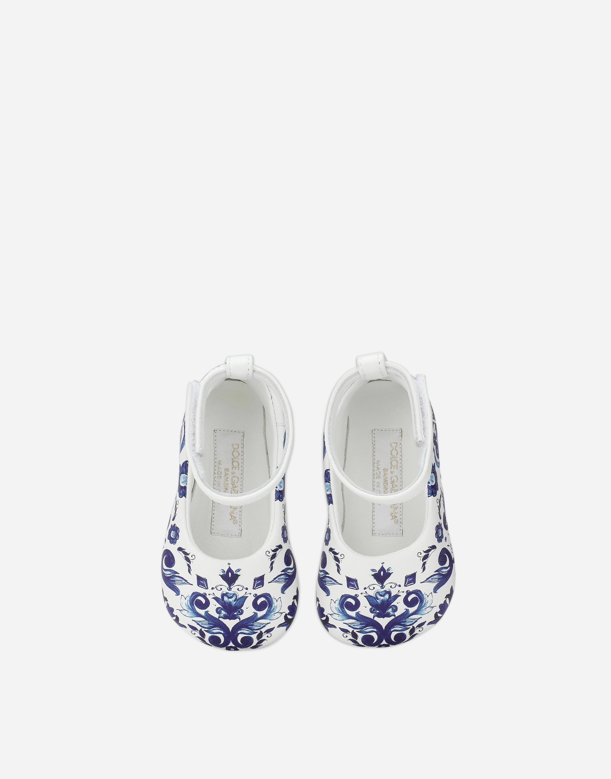 DOLCE & GABBANA NAPPA LEATHER NEWBORN BALLET FLATS WITH MAJOLICA PRINT