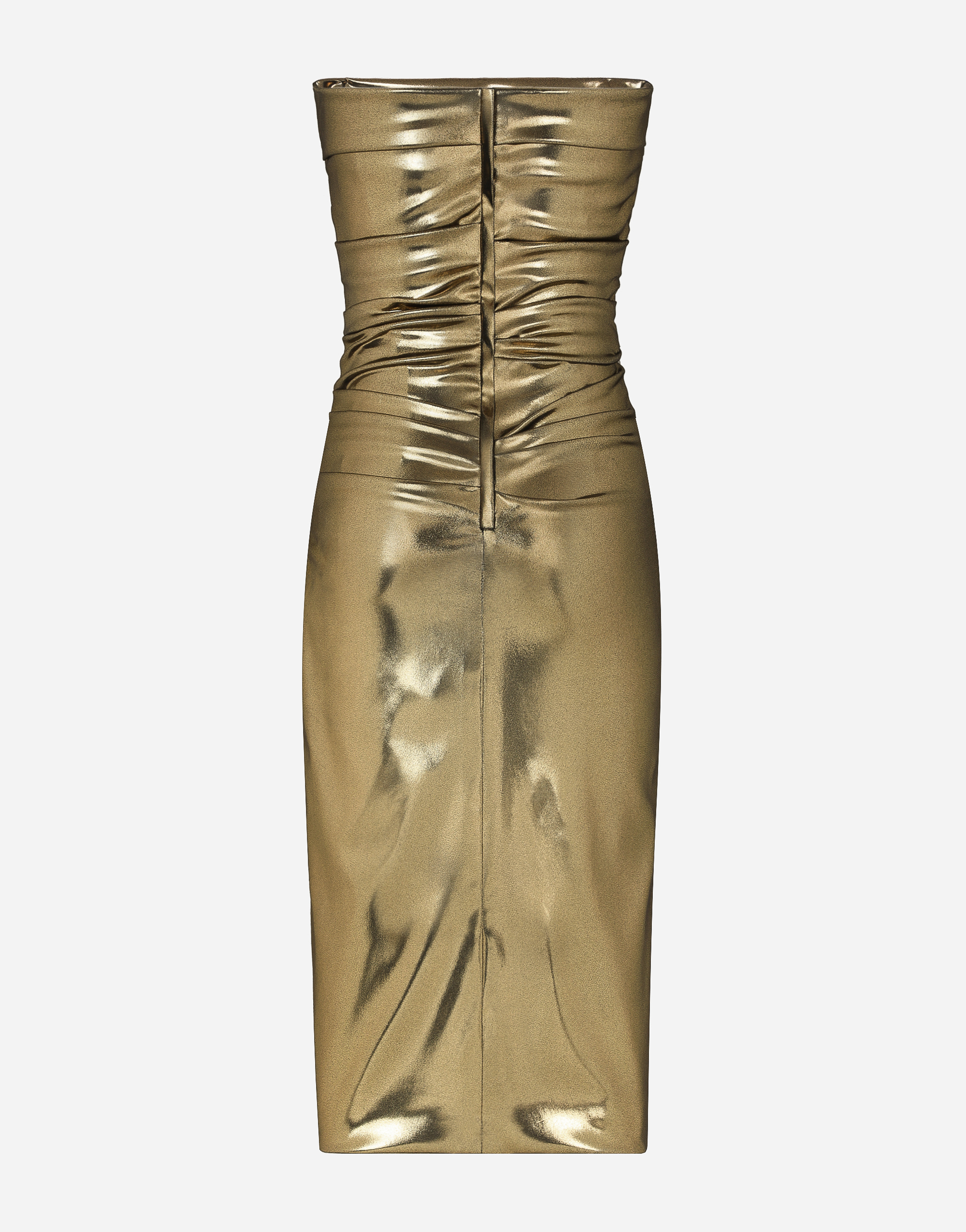 DOLCE & GABBANA FOILED SATIN STRAPLESS CALF-LENGTH DRESS